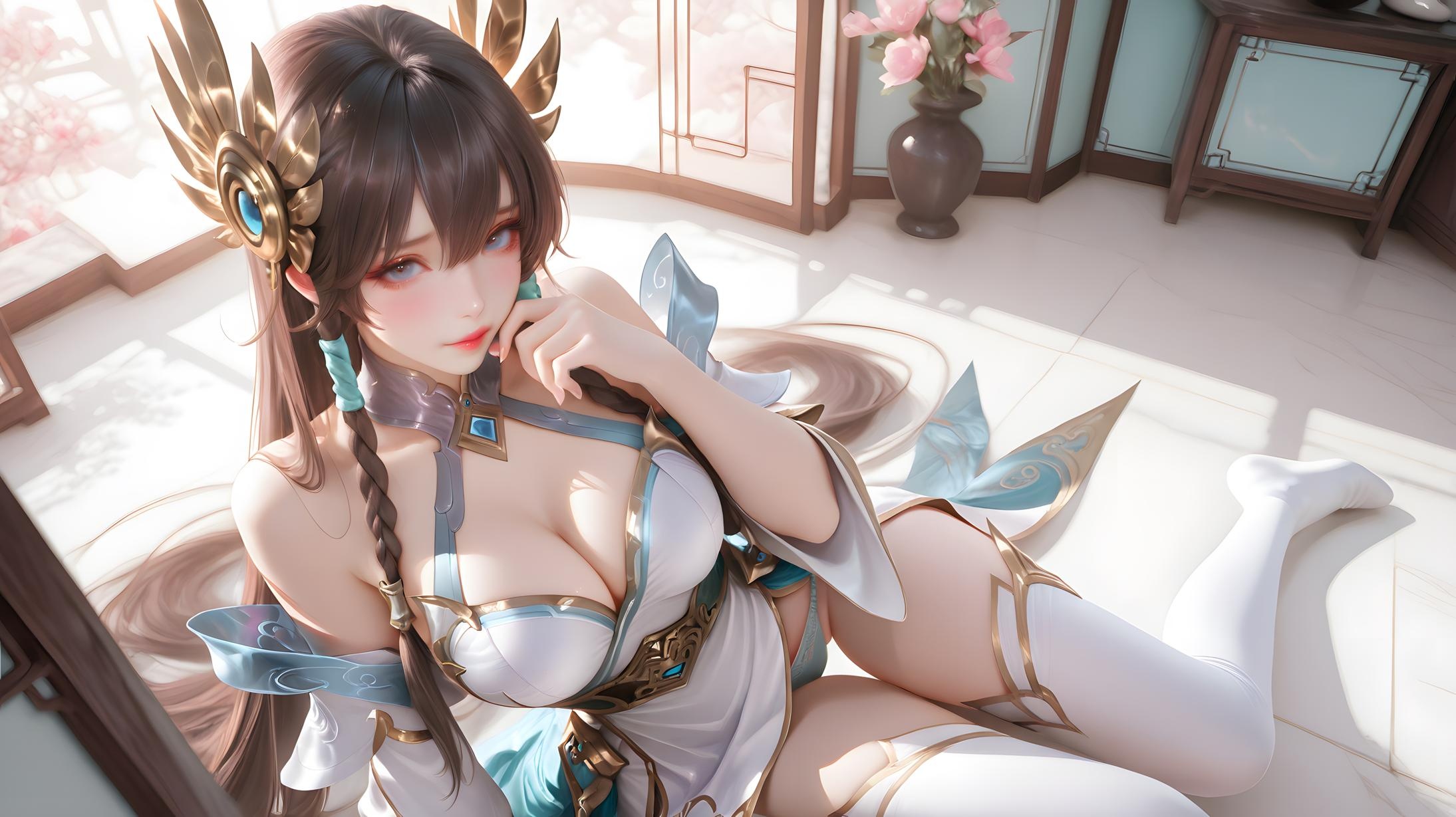 AI生成動漫女孩 - 艾瑞莉娅：白髮藍眼巨乳多角色 學生護士女僕兔郎體操服皮衣透明裸圍裙 英雄聯盟刀刃裝誘惑 143P