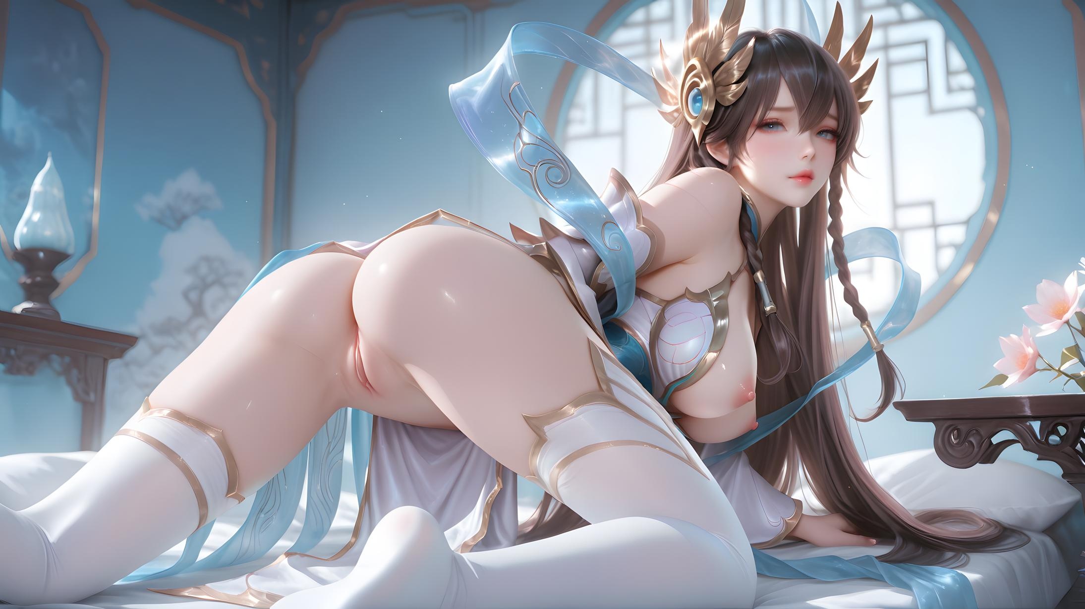 AI Generated Anime Girl - irelia：艾瑞莉娅白色长发蓝眼巨乳多角色 学生护士女仆兔郎体操服皮衣透明裸围裙 英雄联盟刀刃装诱惑 143P