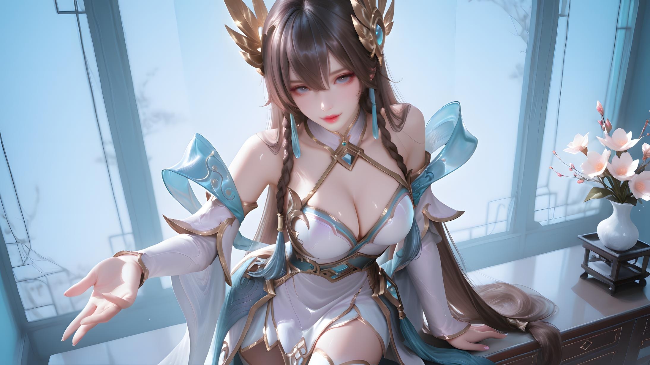 AI Generated Anime Girl - irelia：艾瑞莉娅白色长发蓝眼巨乳多角色 学生护士女仆兔郎体操服皮衣透明裸围裙 英雄联盟刀刃装诱惑 143P