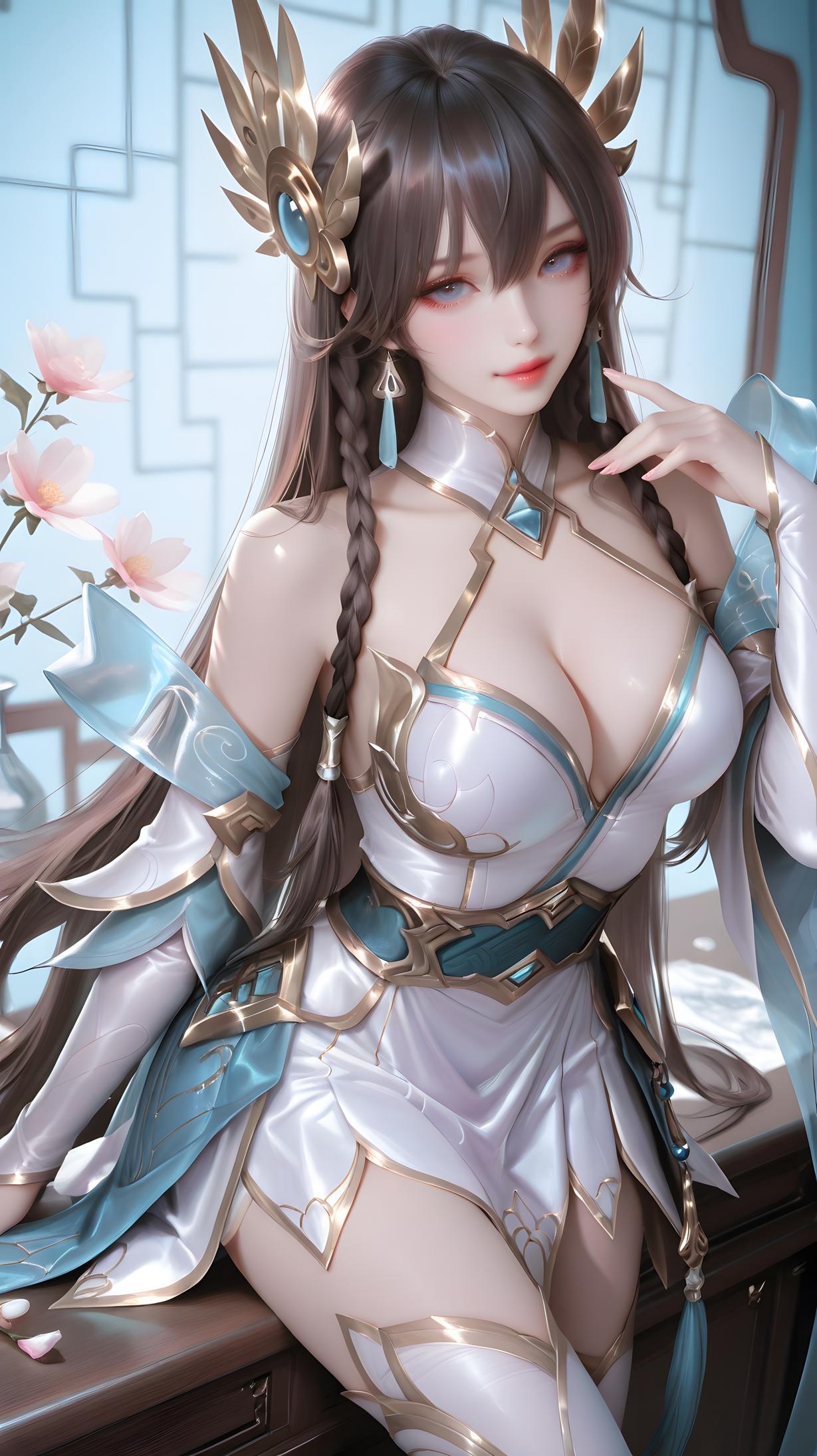 「AI生成アニメ少女 - Irelia：白髪青眼の巨乳キャラクター 学生・ナース・メイド・ウサギ・体操服・レザー・透明エプロン ヒーローズ・オブ・レジェンドの誘惑 143P」