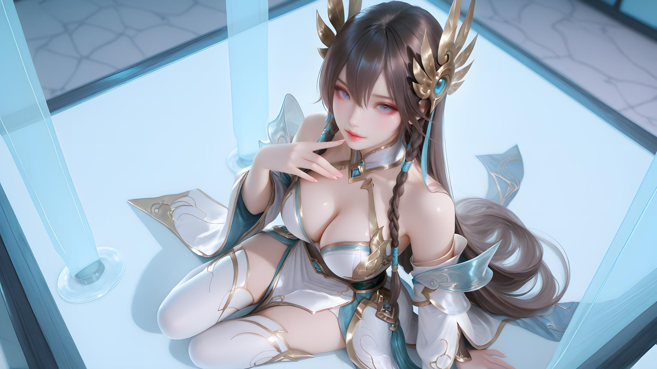 AI 생성 애니메이션 소녀 - 아이렐리아: 흰색 긴 머리, 파란 눈, 거유 다채로운 캐릭터 학생 간호사 메이드 토끼 의상 체조복 가죽 투명 에이프런, 리그 오브 레전드 칼날 장비 유혹 143P