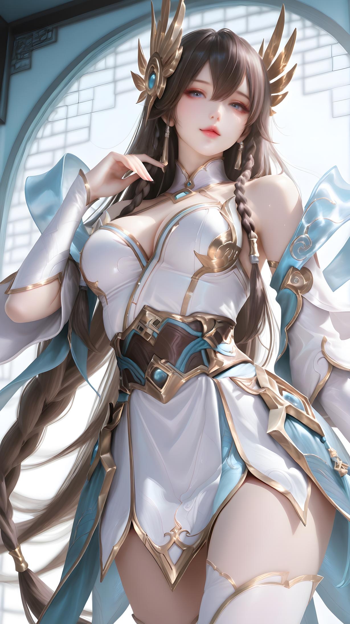 「AI生成アニメ少女 - Irelia：白髪青眼の巨乳キャラクター 学生・ナース・メイド・ウサギ・体操服・レザー・透明エプロン ヒーローズ・オブ・レジェンドの誘惑 143P」