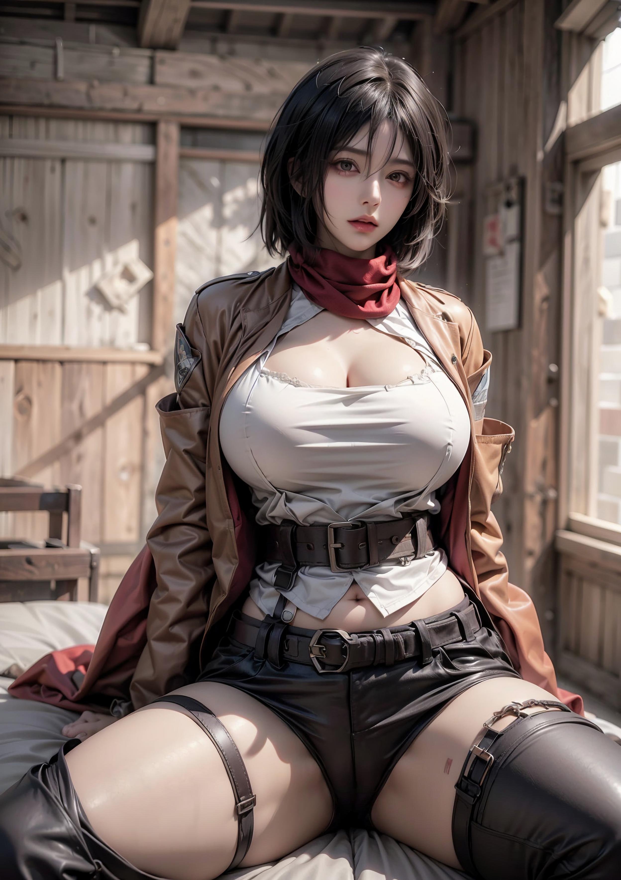 AI Generated Anime Girl - Mikasa: Attack on Titan S-Cup Temptation in a Low-Cut Outfit 68P