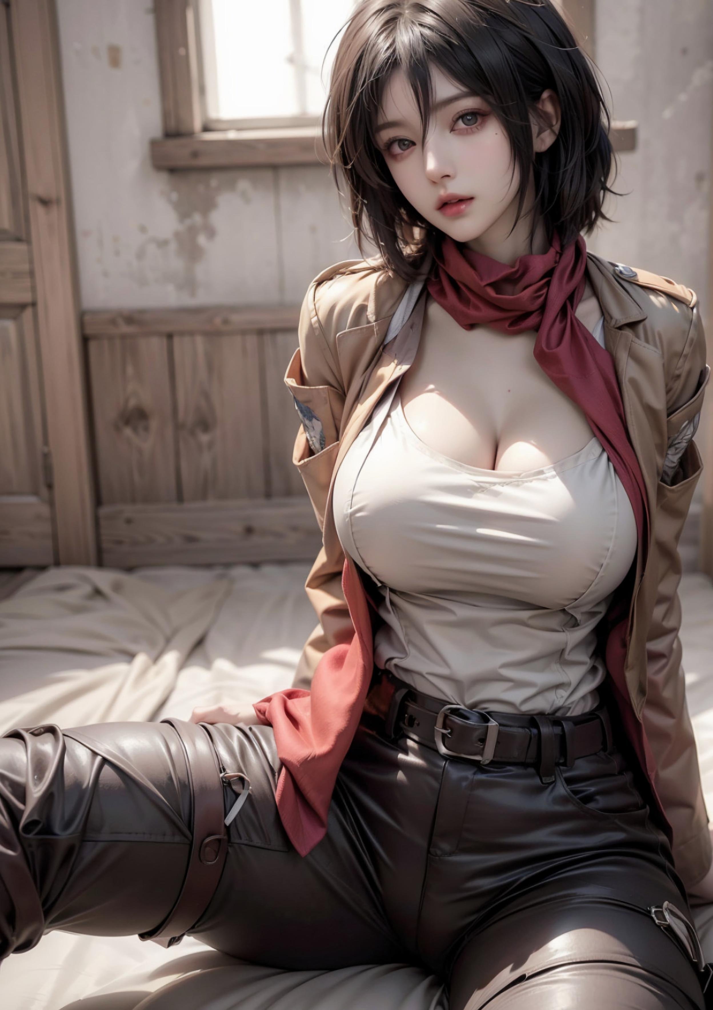 AI Generated Anime Girl - Mikasa: Attack on Titan S-Cup Temptation in a Low-Cut Outfit 68P
