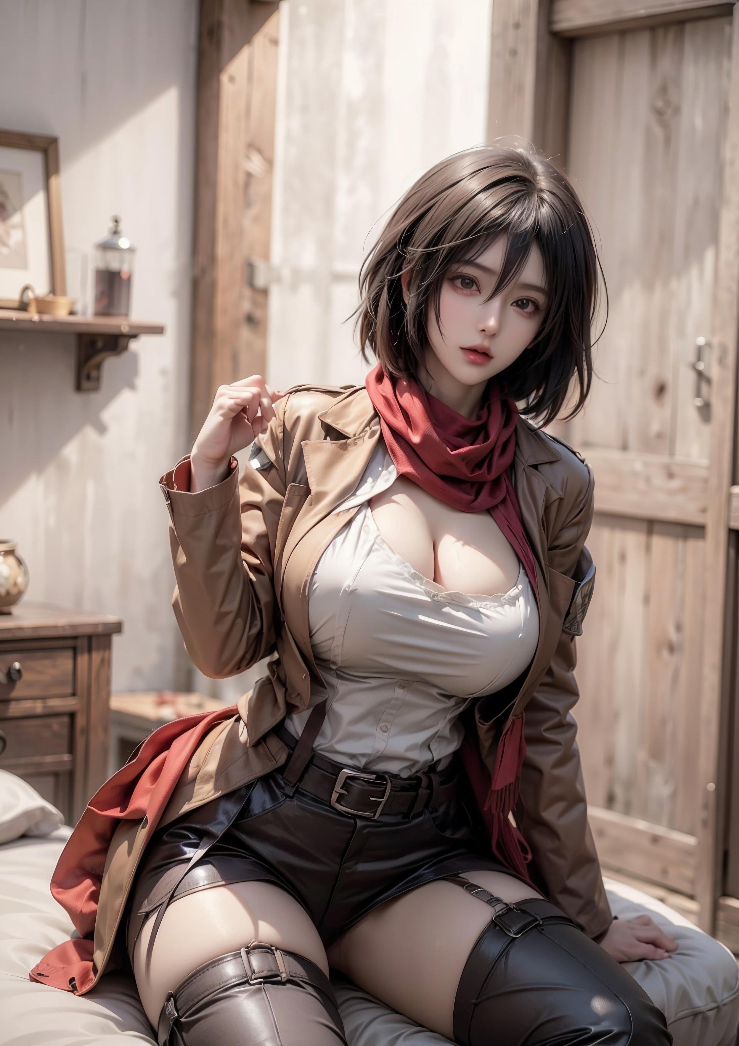 AI Generated Anime Girl - Mikasa: Attack on Titan S-Cup Temptation in a Low-Cut Outfit 68P