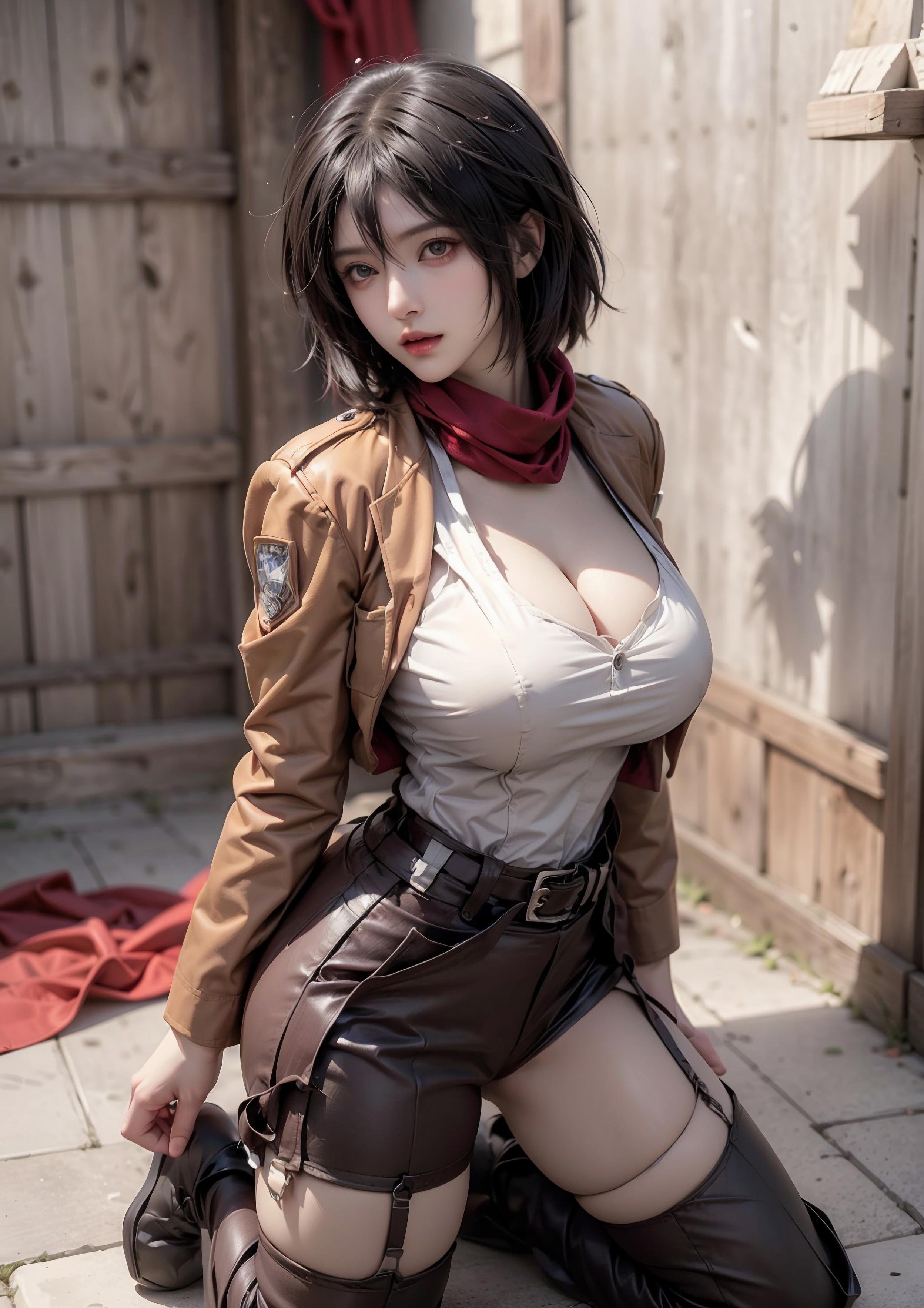AI Generated Anime Girl - Mikasa: Attack on Titan S-Cup Temptation in a Low-Cut Outfit 68P