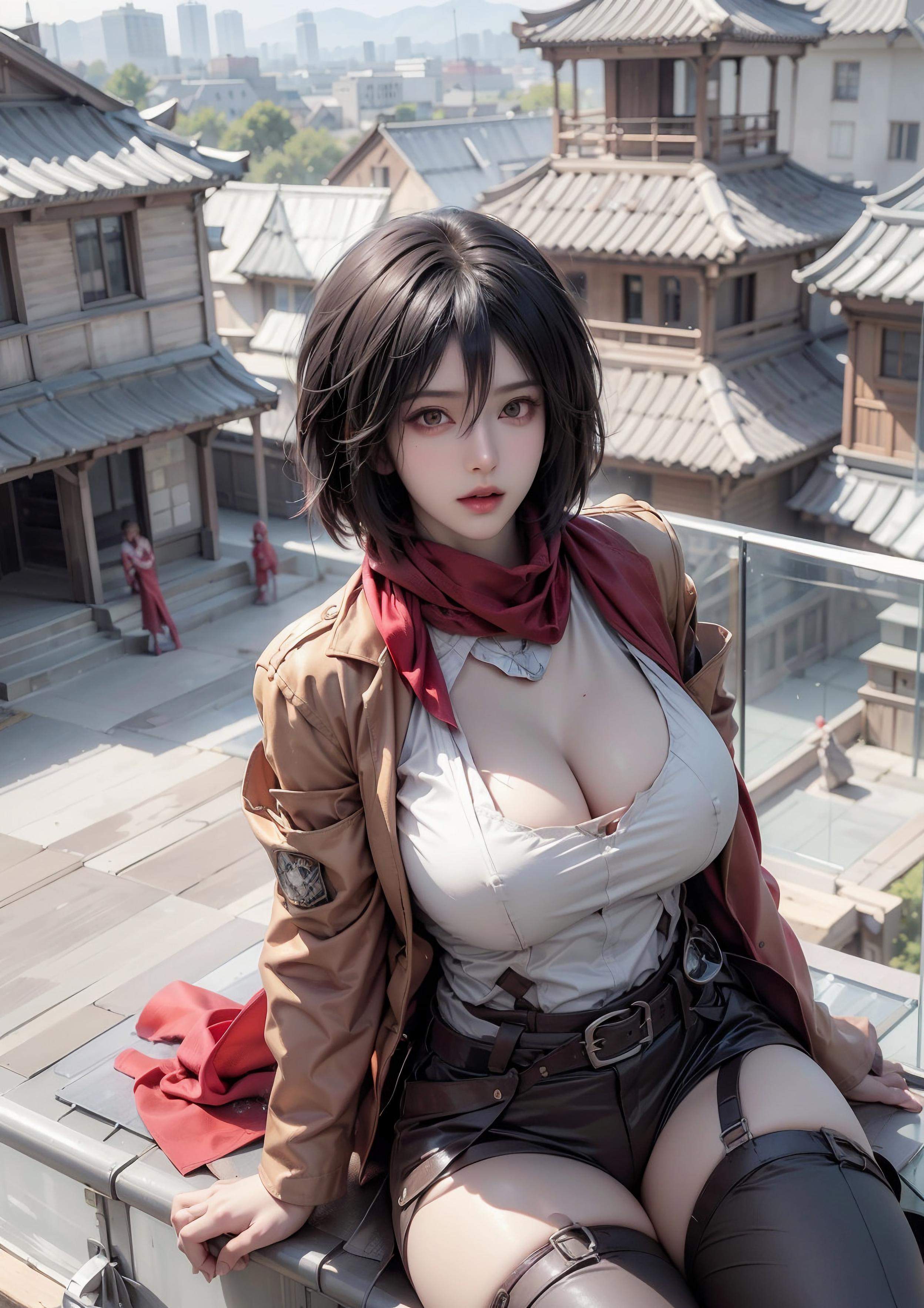 AI Generated Anime Girl - Mikasa: Attack on Titan S-Cup Temptation in a Low-Cut Outfit 68P