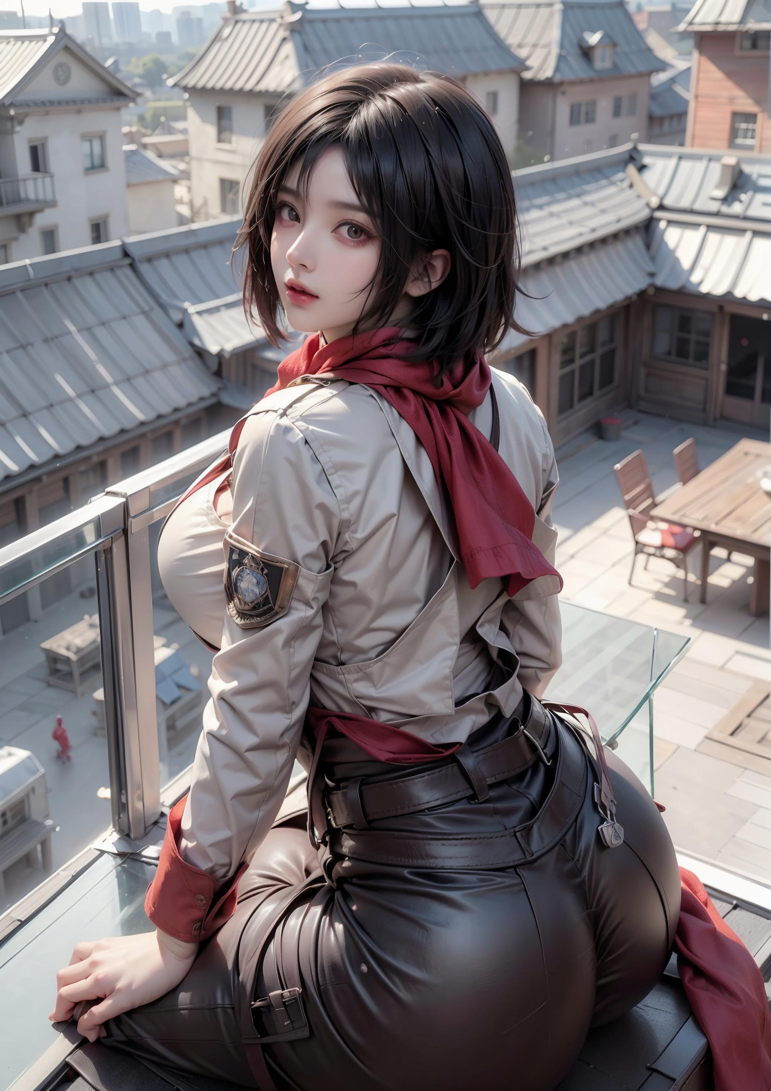 AI Generated Anime Girl - Mikasa: Attack on Titan S-Cup Temptation in a Low-Cut Outfit 68P