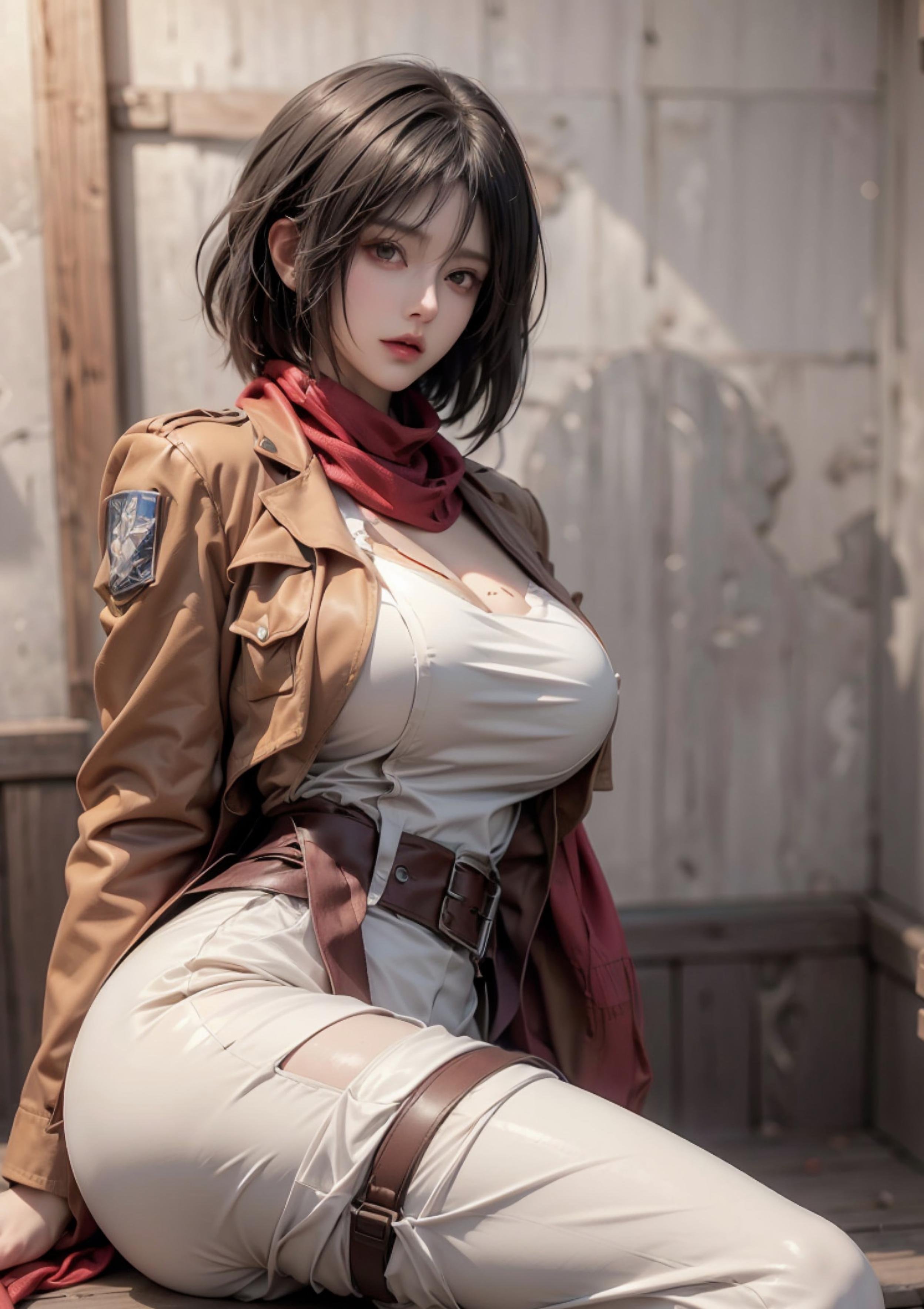 AI Generated Anime Girl - Mikasa: Attack on Titan S-Cup Temptation in a Low-Cut Outfit 68P