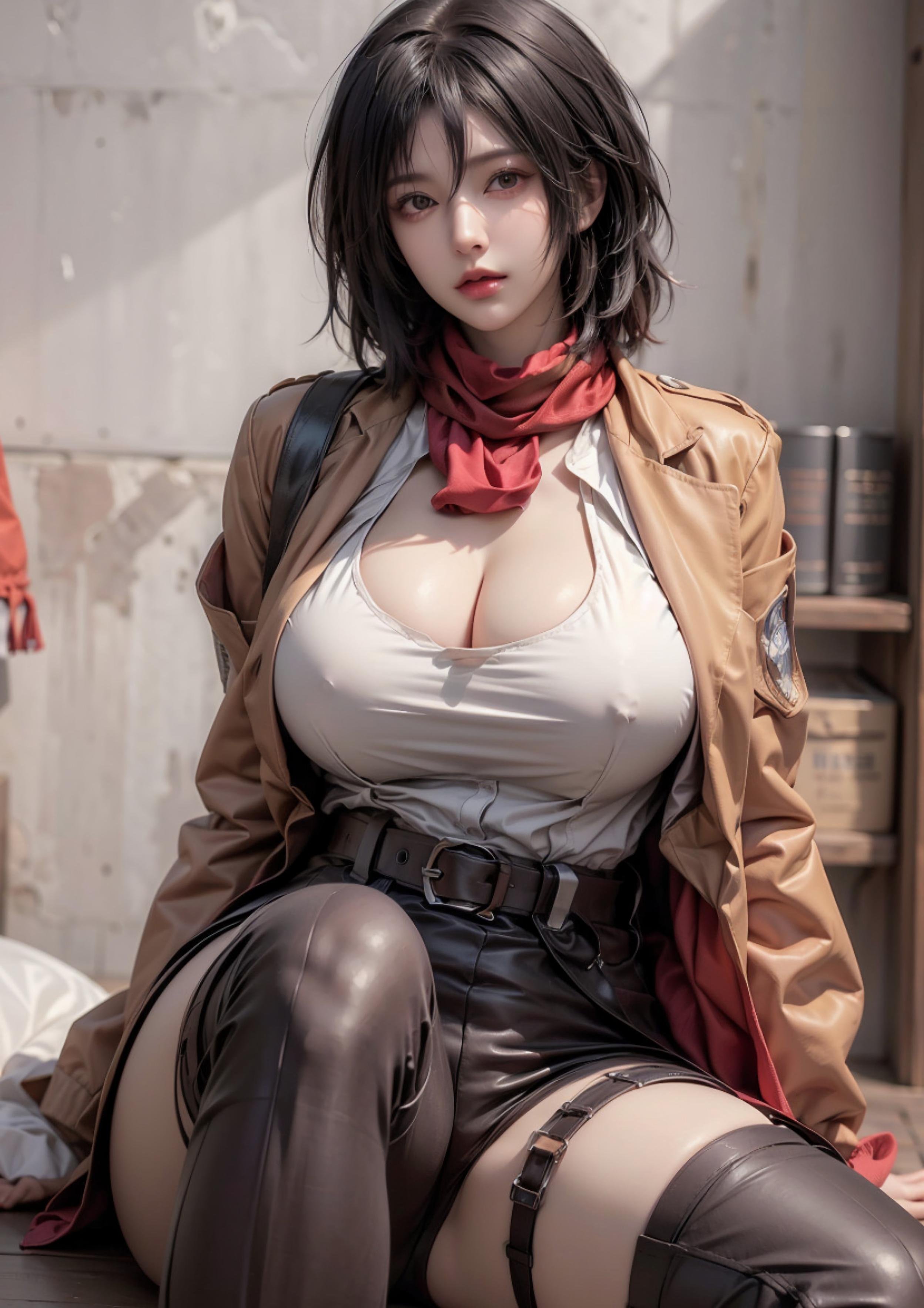 Cô Gái Anime Tạo Bởi AI - 三笠: 進擊的巨人 S型 Thân Hình, Ánh Mắt Quyến Rũ Với Trang Phục Hở Ngực 68P