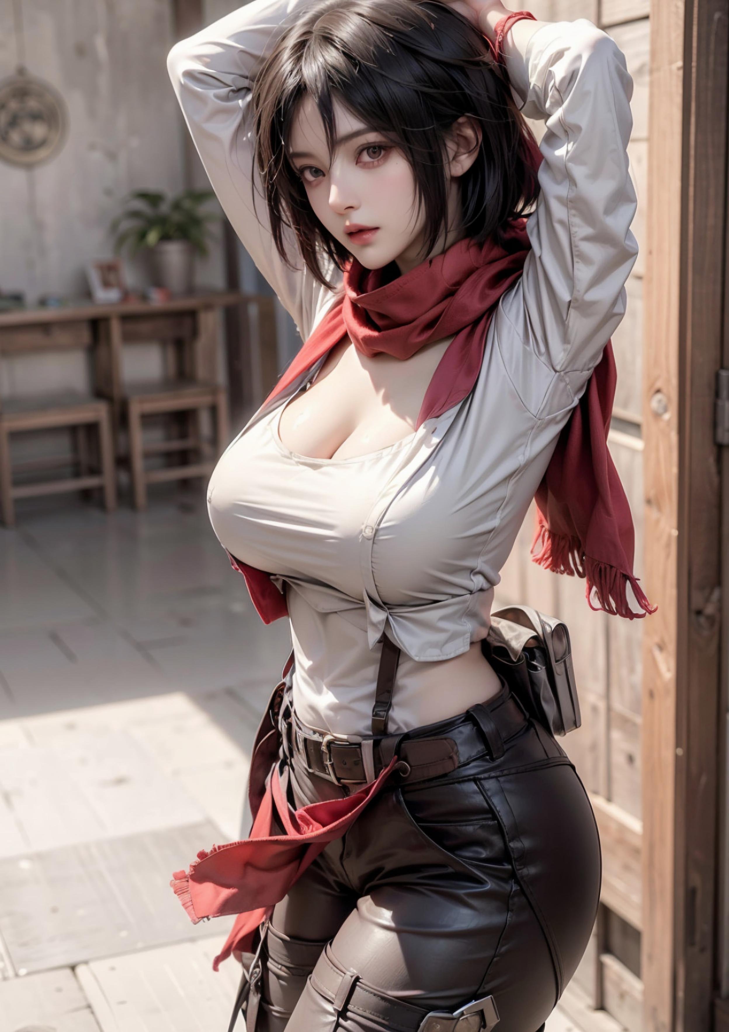Cô Gái Anime Tạo Bởi AI - 三笠: 進擊的巨人 S型 Thân Hình, Ánh Mắt Quyến Rũ Với Trang Phục Hở Ngực 68P