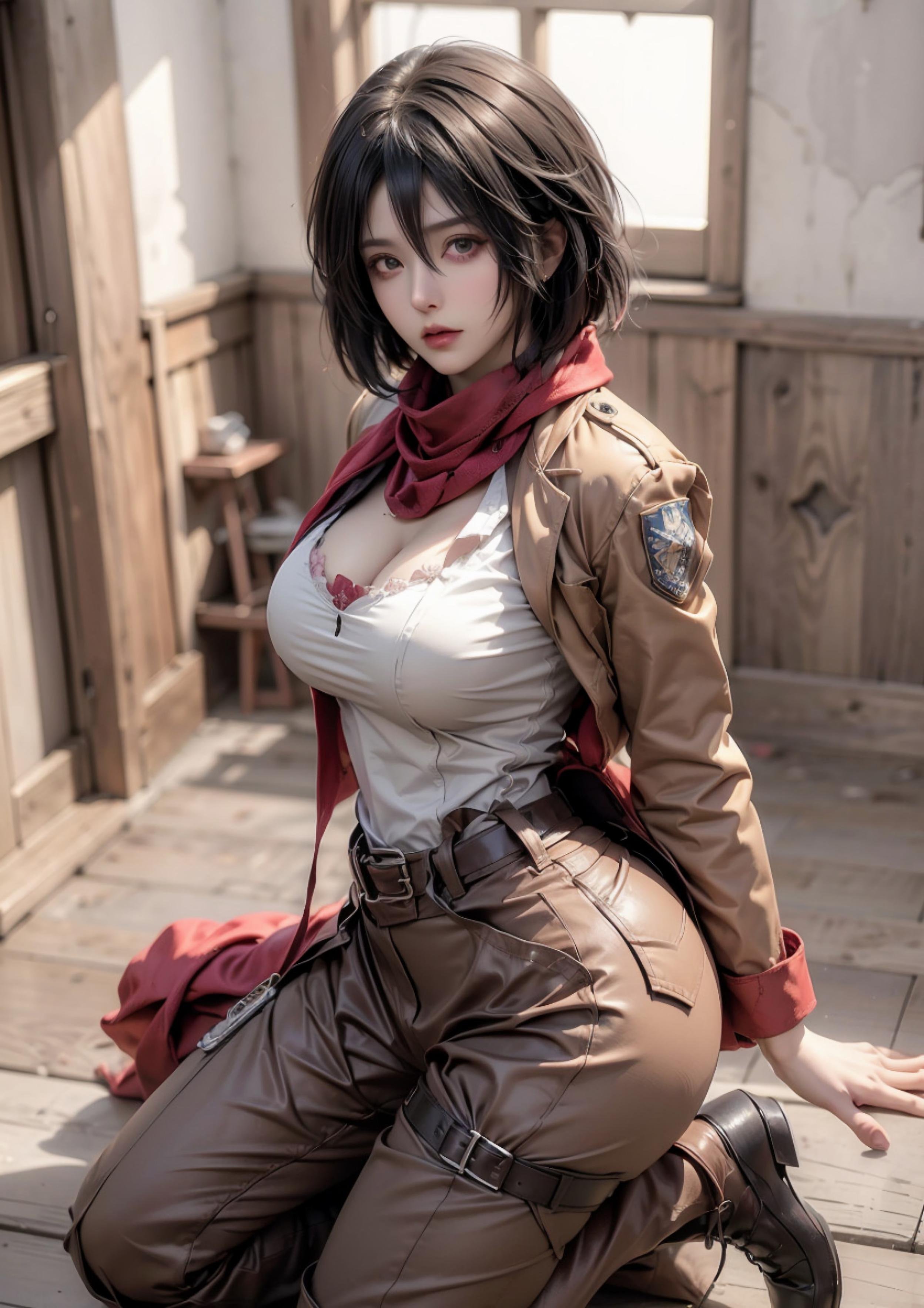 Cô Gái Anime Tạo Bởi AI - 三笠: 進擊的巨人 S型 Thân Hình, Ánh Mắt Quyến Rũ Với Trang Phục Hở Ngực 68P