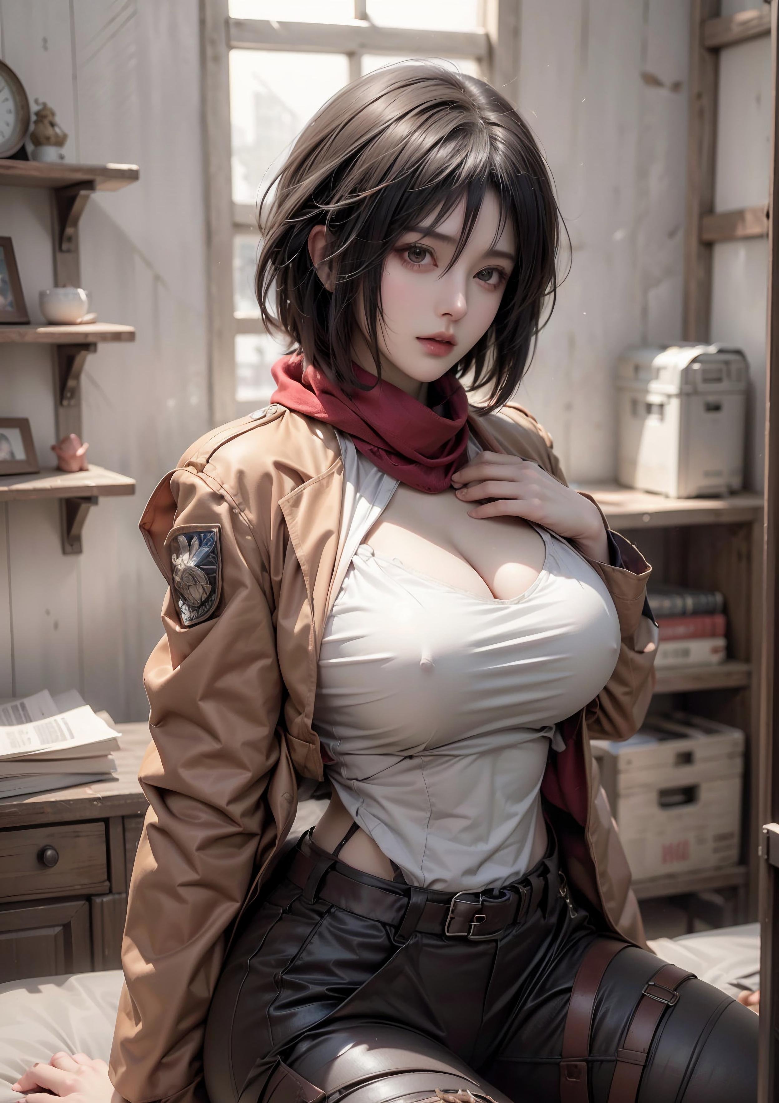 Cô Gái Anime Tạo Bởi AI - 三笠: 進擊的巨人 S型 Thân Hình, Ánh Mắt Quyến Rũ Với Trang Phục Hở Ngực 68P