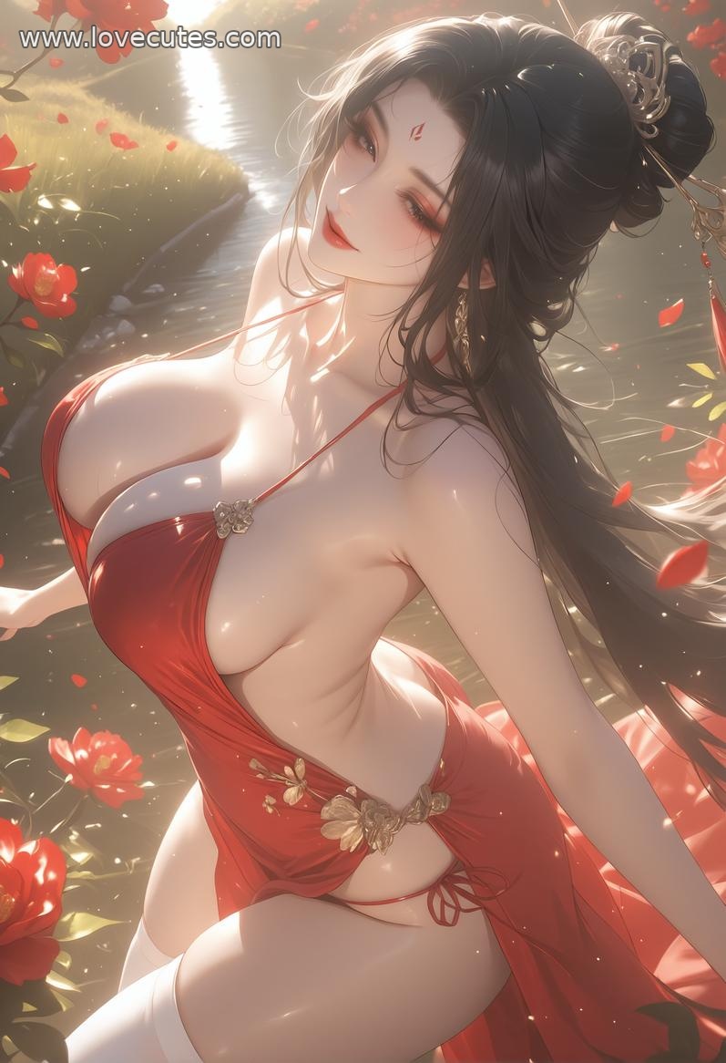 AI生成動漫女孩 - 西施：古風藍髮白皙肌膚 美胸蕾絲內衣撩人姿勢 88P