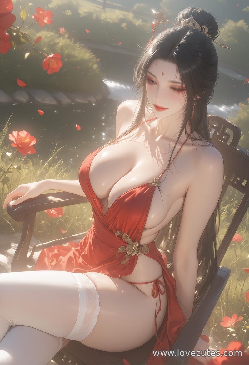 AI生成動漫女孩 - 西施：古風藍髮白皙肌膚 美胸蕾絲內衣撩人姿勢 88P