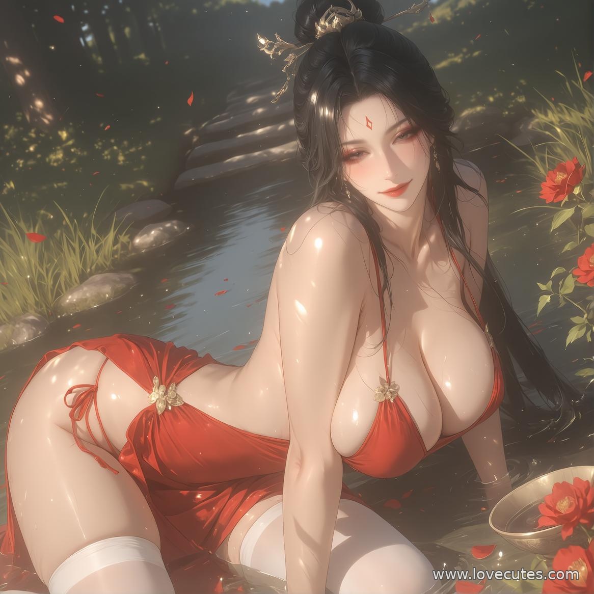 AI Generated Anime Girl - Xishi: Elegant Blue-Haired Beauty in Lacy Lingerie, 88P