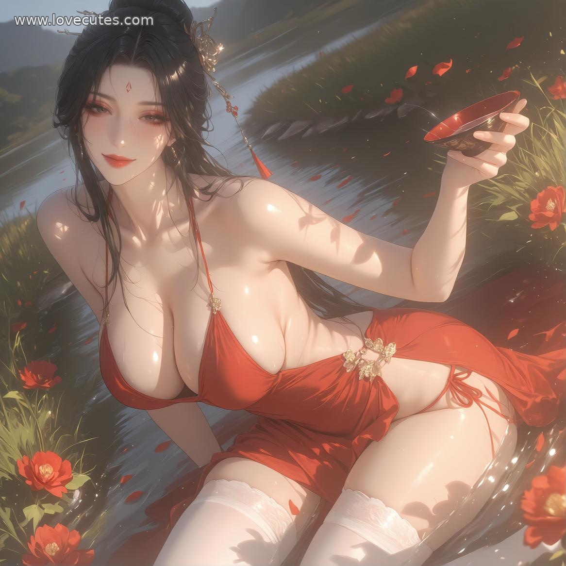 AI Generated Anime Girl - Xishi: Elegant Blue-Haired Beauty in Lacy Lingerie, 88P