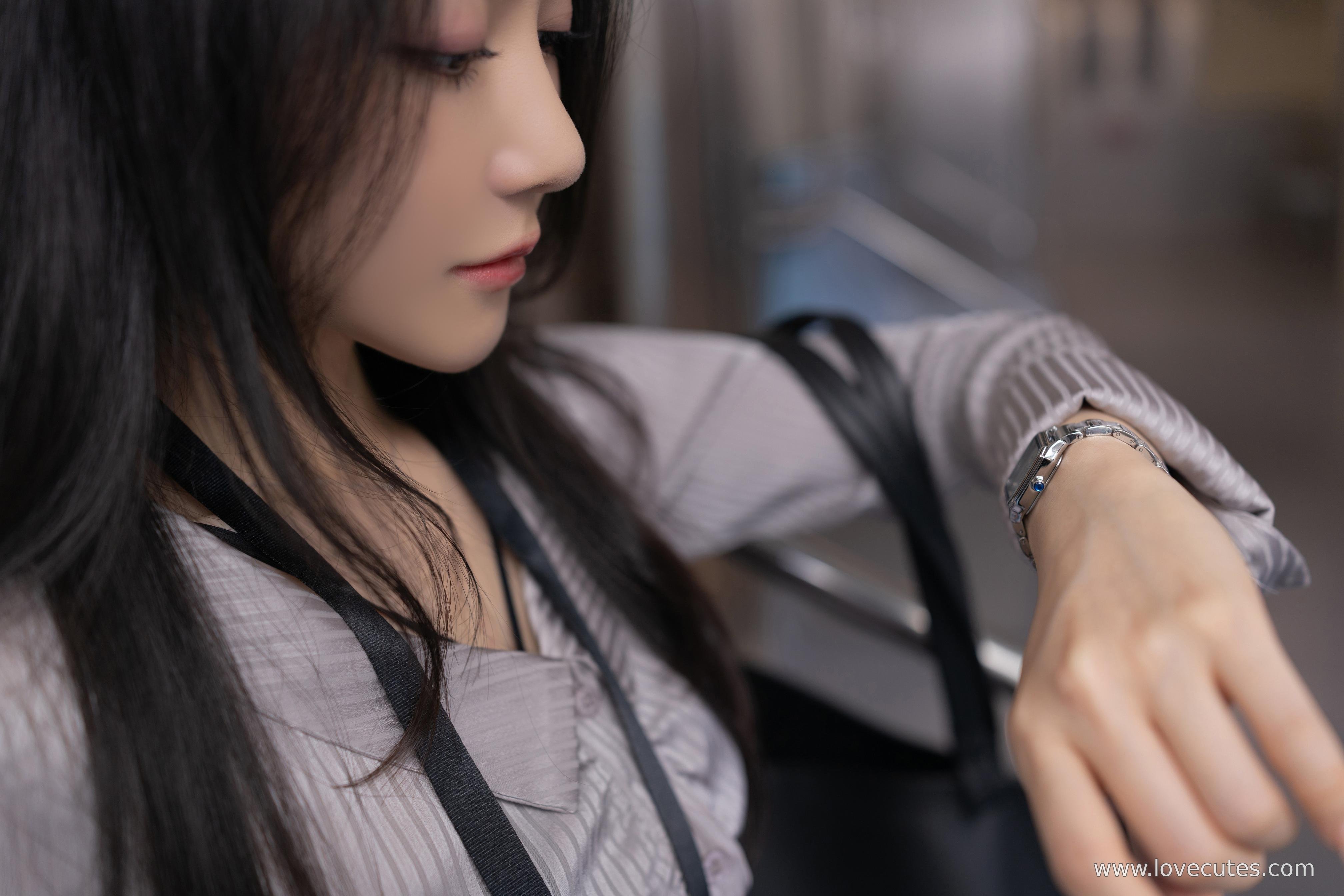 Model] Caviar Fish - Hypnotic Subway: Subway Scene + Uniform Elements, Black Stockings with Leopard Print Accents, Alluring Contrast, Full Atmosphere 120P