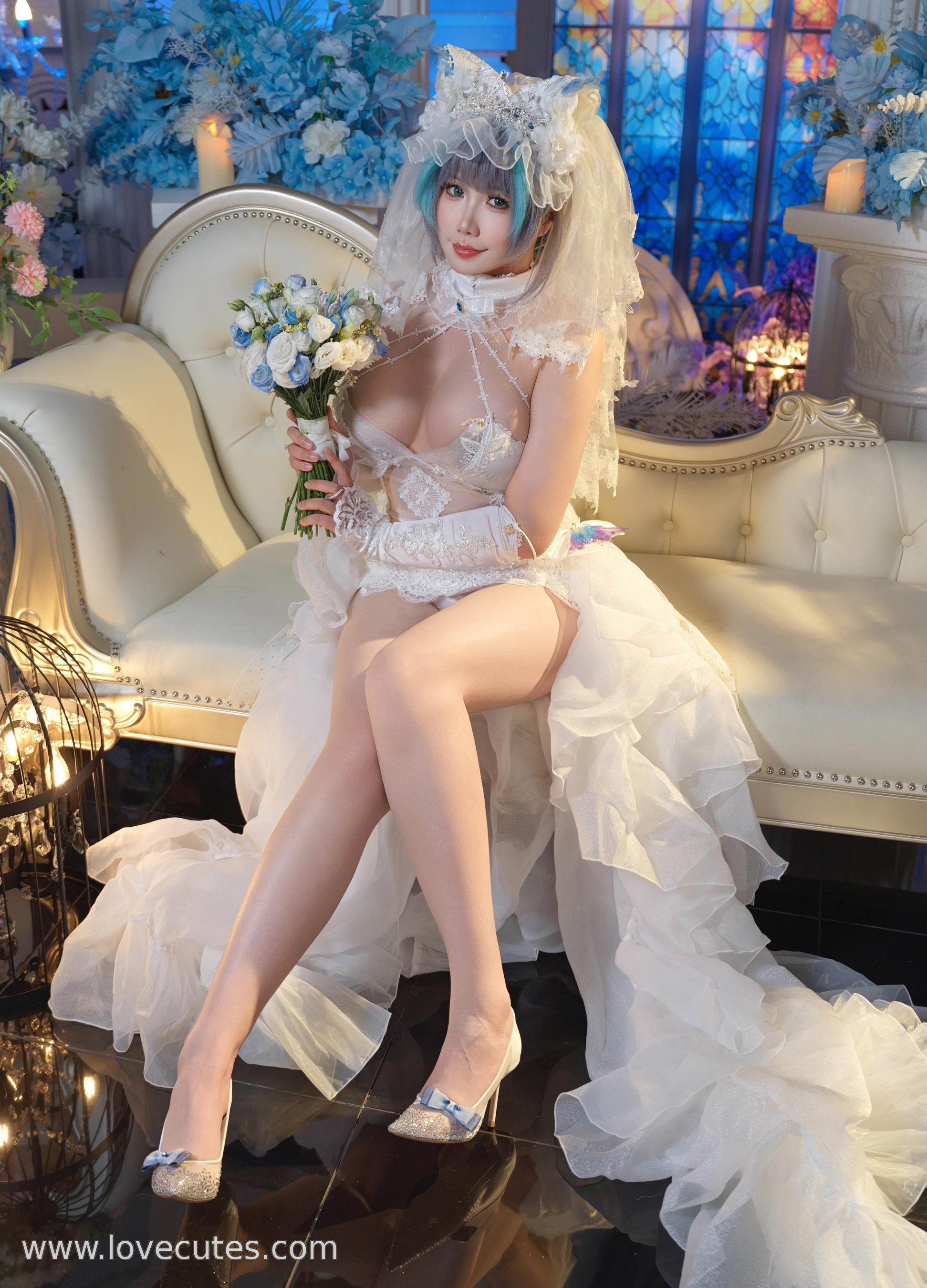 costume] 麻花麻花酱 - 碧蓝航线柴郡: Váy cưới ren kết hợp giày cao gót, cảm giác trang trọng đầy đủ 33P1V