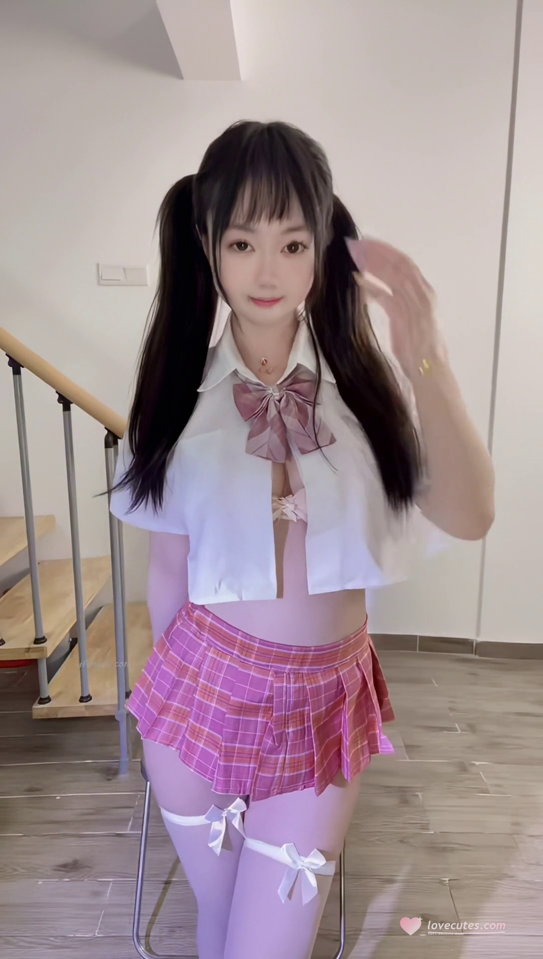 [私房] 菜菜喵 - 有料カスタムセット：透け感レースとモノクロストッキングの切り替え 情趣下着の雰囲気が強烈 さらにJK制服のコントラスト付き 96P18V