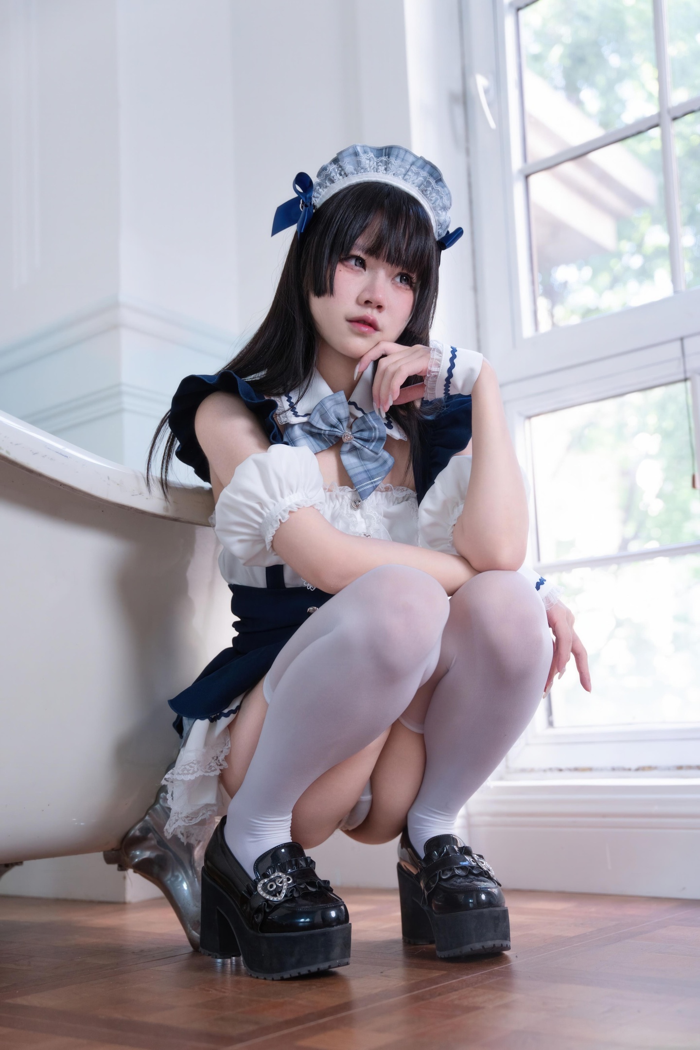 [Cosplay] Shimizu Nagi - Maid Service Theme: Sweet Maid Vibes Enhanced by White Stockings, Pure and Adorable 68P