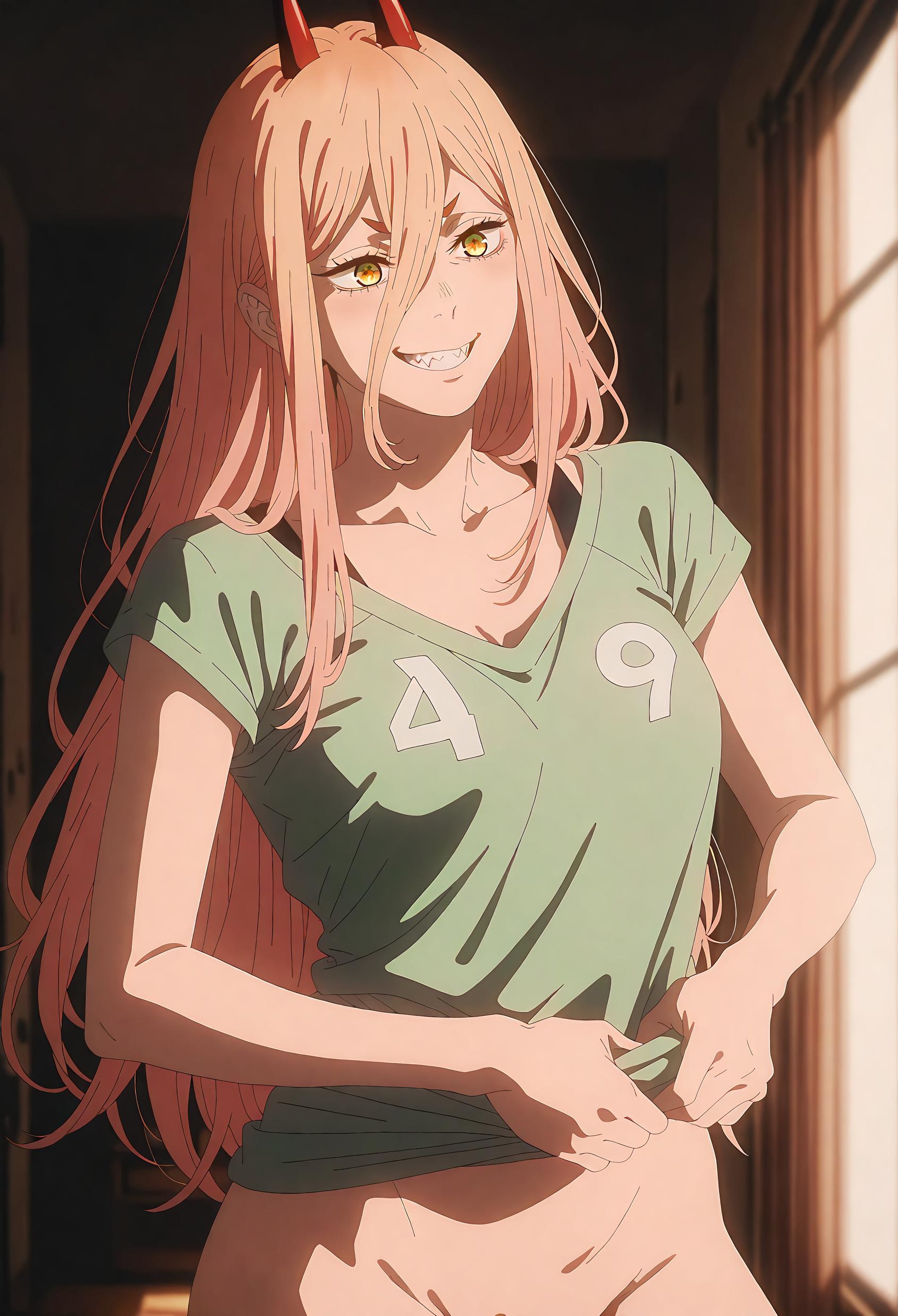 AI Generated Anime Girl - Pawa: Chainsaw Man Blonde Busty Girl Showcasing Perfect Curves in Athletic Wear 50P