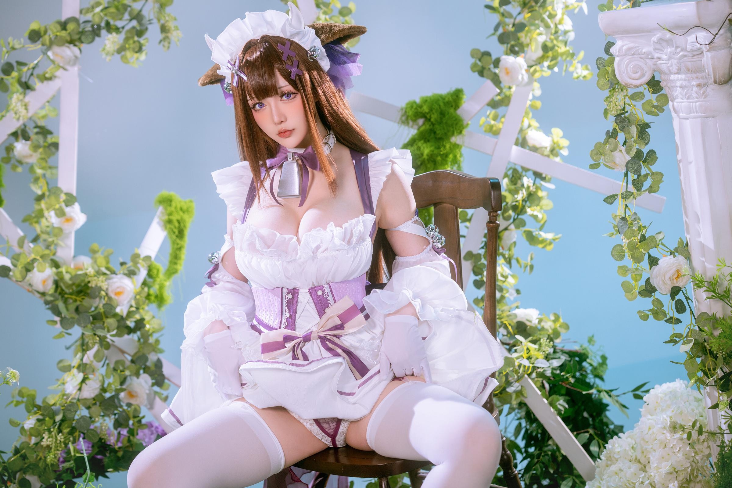 '[cosplay] 星之迟迟Hoshilily - 碧蓝航线 樫野: Sự Kết Hợp Giữa Váy Trắng Tím và Tai Mèo Trong Phong Cách Ngọt Ngào, Dễ Thương 45P'