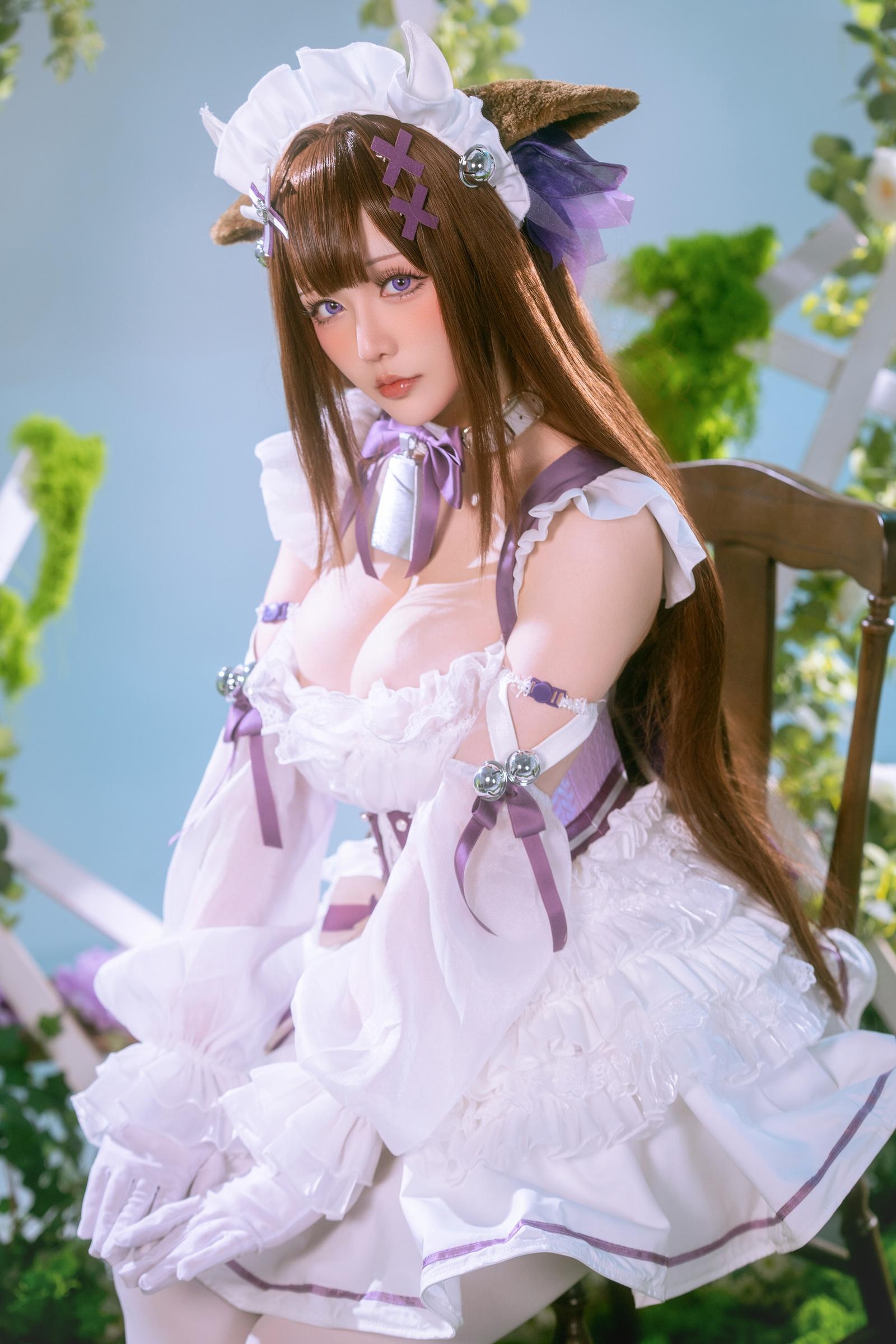 '[cosplay] 星之迟迟Hoshilily - 碧蓝航线 樫野: Sự Kết Hợp Giữa Váy Trắng Tím và Tai Mèo Trong Phong Cách Ngọt Ngào, Dễ Thương 45P'