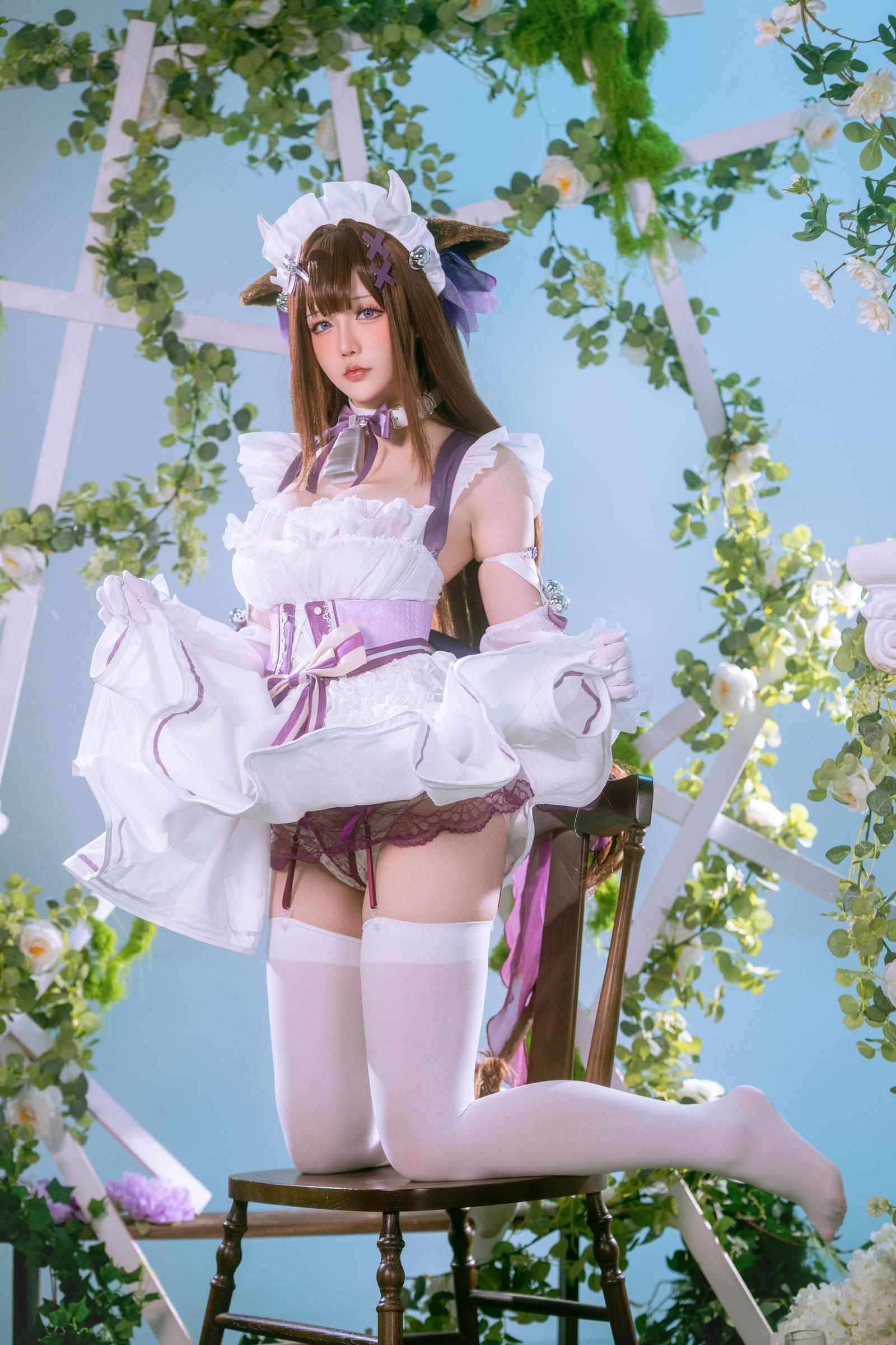'[cosplay] 星之迟迟Hoshilily - 碧蓝航线 樫野: Sự Kết Hợp Giữa Váy Trắng Tím và Tai Mèo Trong Phong Cách Ngọt Ngào, Dễ Thương 45P'