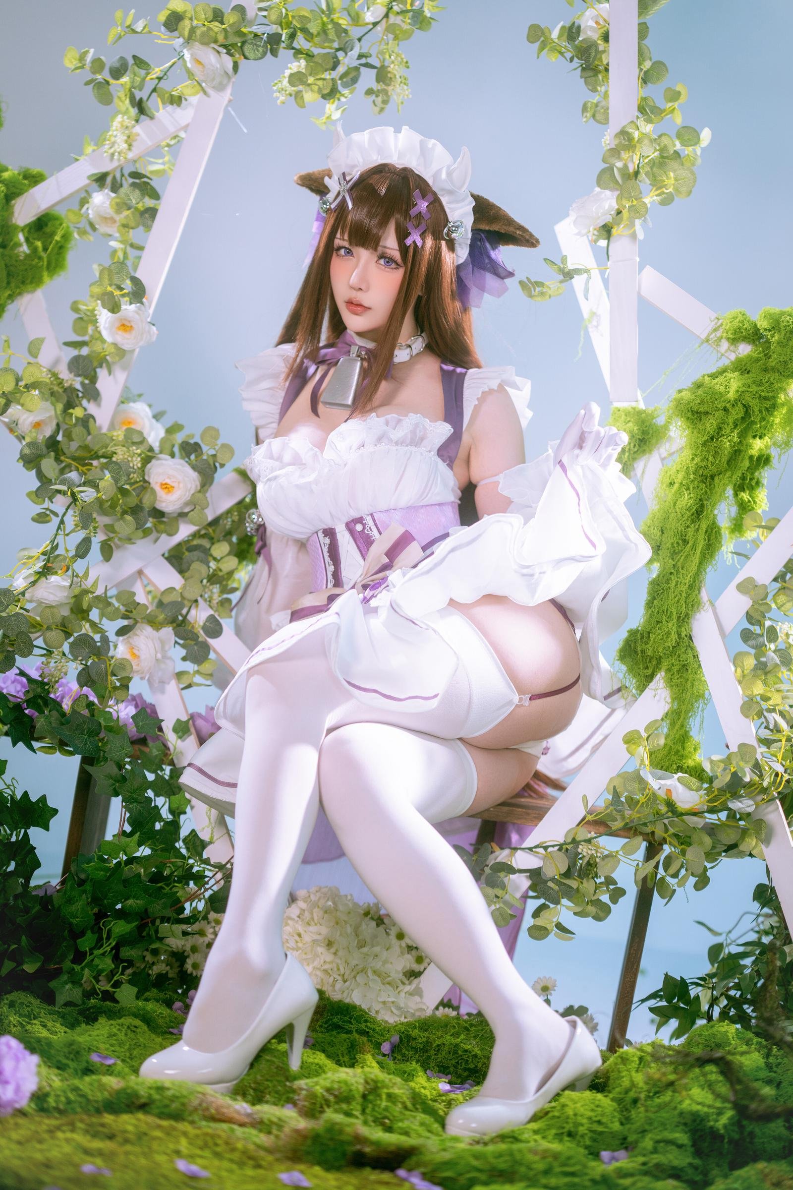 【コスプレ】星之迟迟Hoshilily - 碧蓝航线 樫野：白紫礼裙と猫耳要素の融合 45P