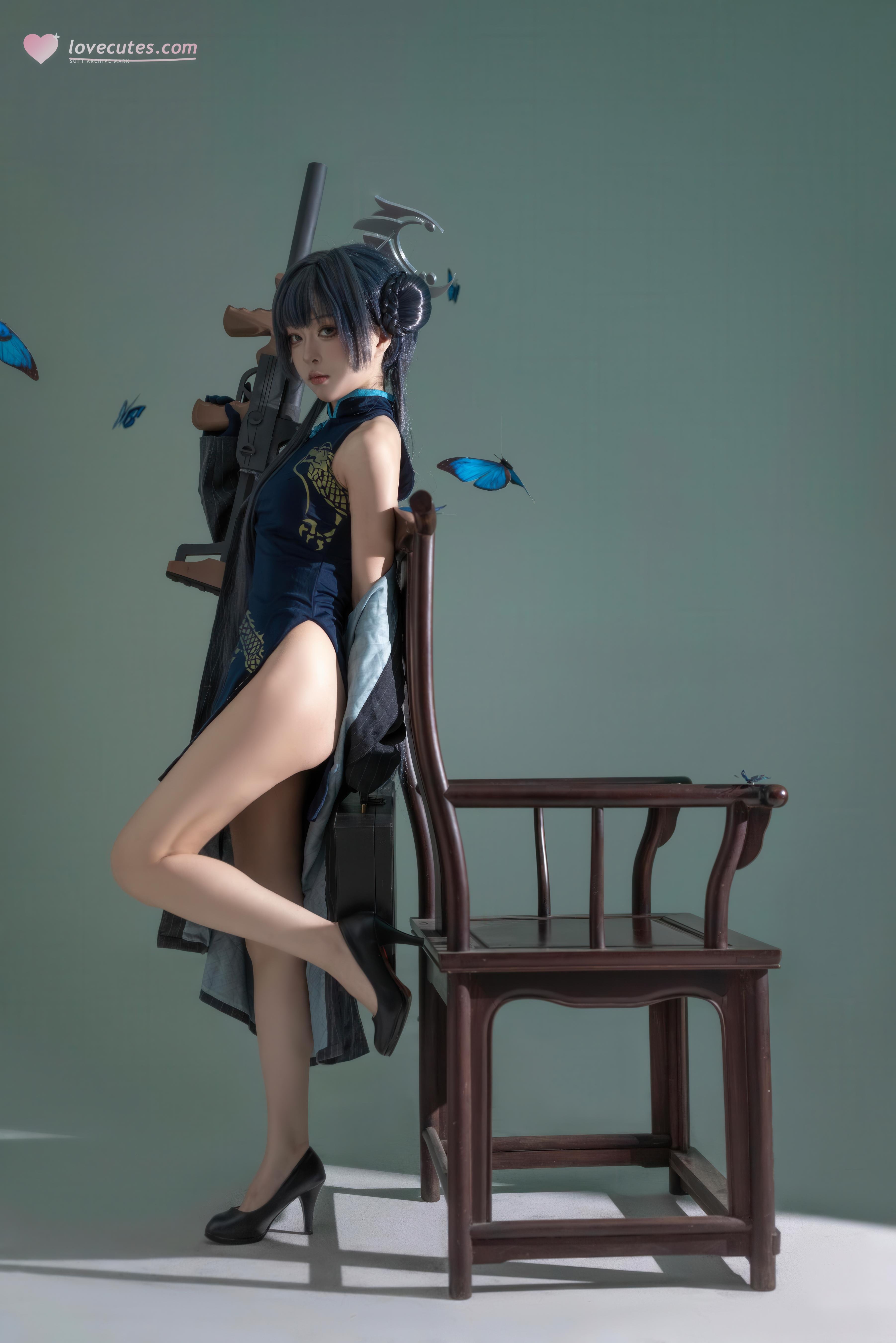 [コスプレ] 矢量魚 - 蔚蓝档案 龍華妃咲：中華風チャイナドレスと青い蝶の要素が交錯する冷艶なキャラクター再現 24P