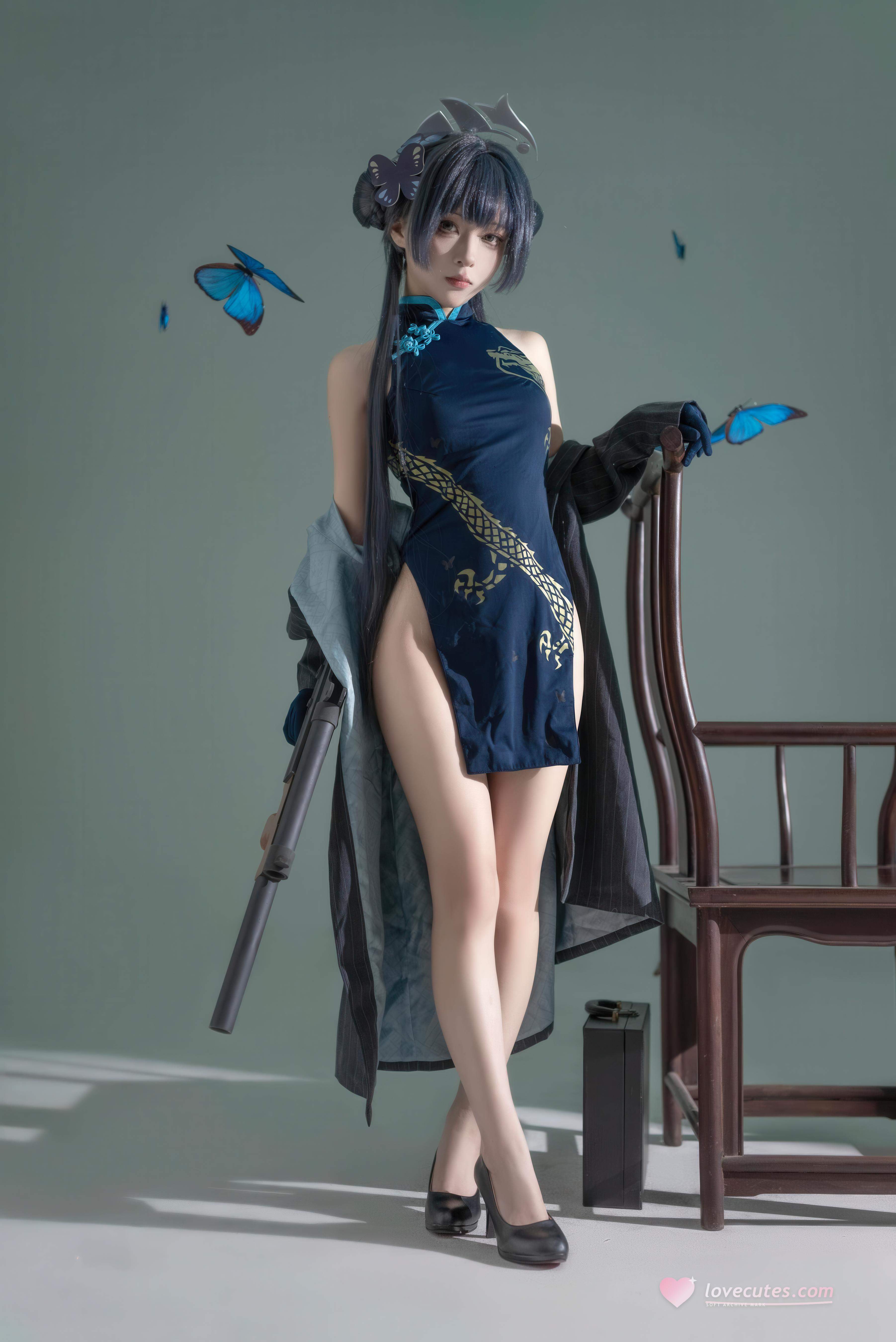[コスプレ] 矢量魚 - 蔚蓝档案 龍華妃咲：中華風チャイナドレスと青い蝶の要素が交錯する冷艶なキャラクター再現 24P