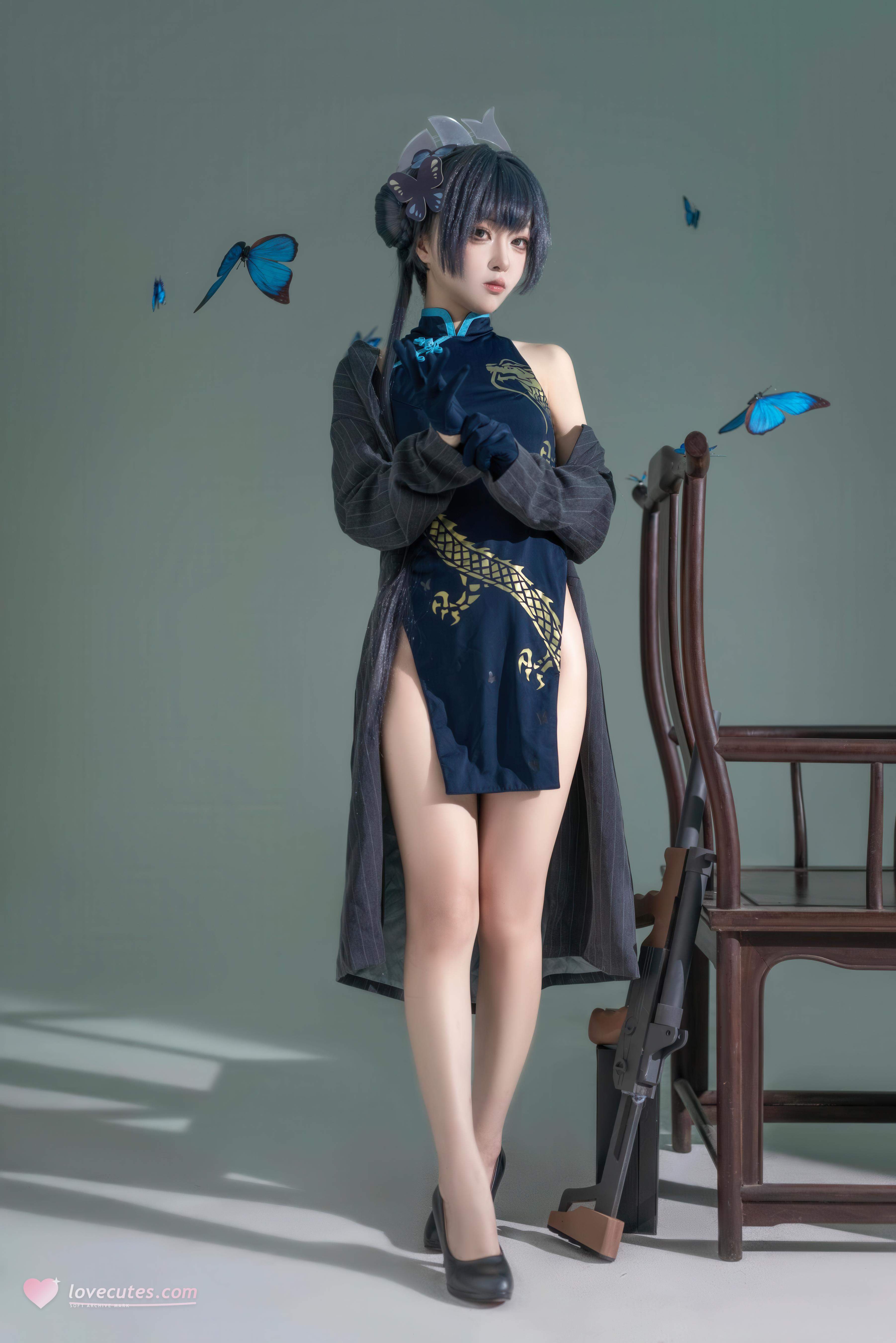 [コスプレ] 矢量魚 - 蔚蓝档案 龍華妃咲：中華風チャイナドレスと青い蝶の要素が交錯する冷艶なキャラクター再現 24P