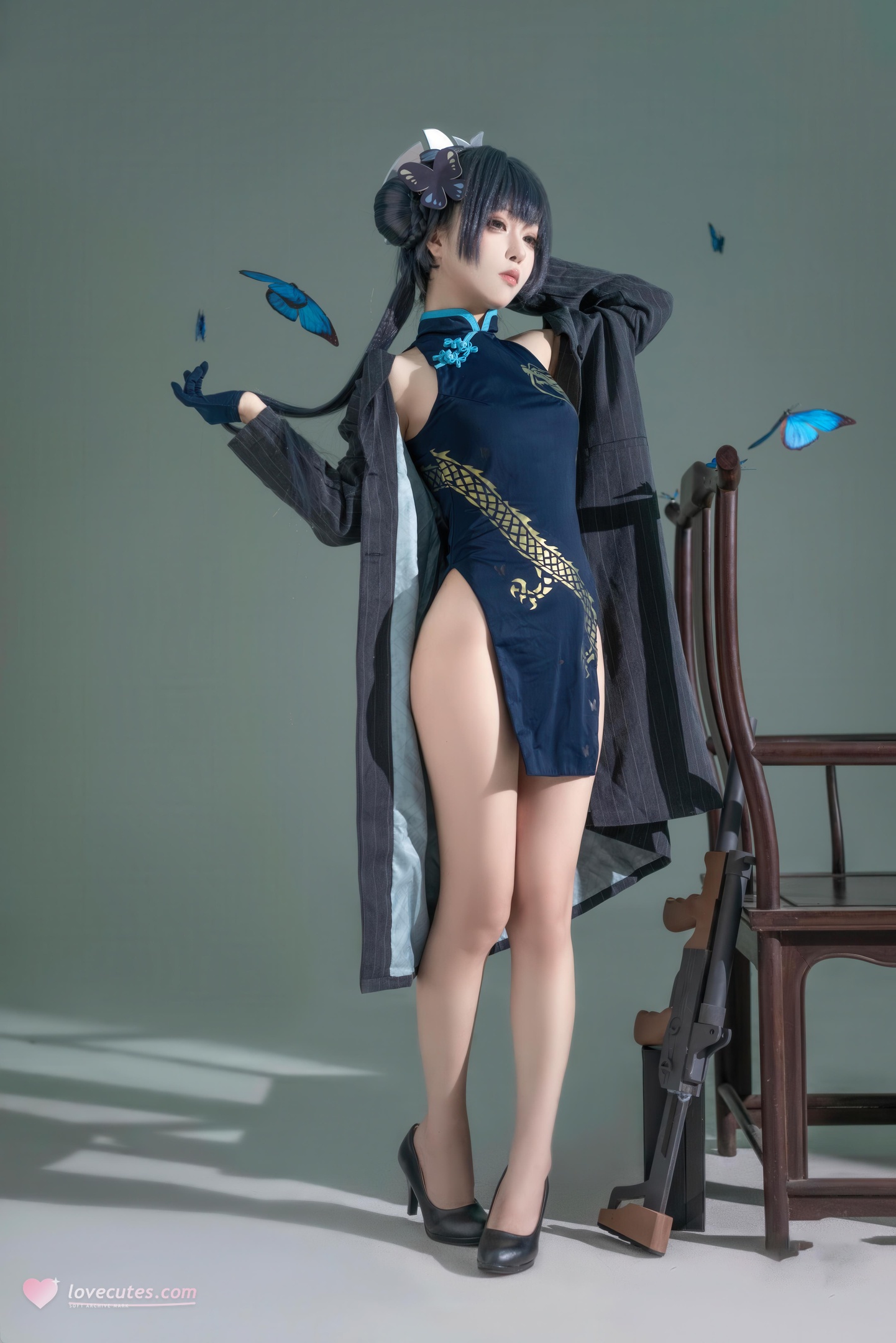 [コスプレ] 矢量魚 - 蔚蓝档案 龍華妃咲：中華風チャイナドレスと青い蝶の要素が交錯する冷艶なキャラクター再現 24P