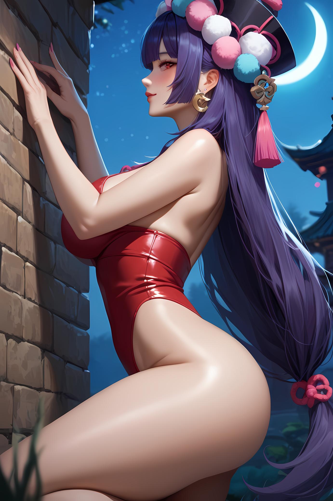 Cô Gái Anime Tạo Ra Bằng AI - 原神 云堇: Tóc Tím, Bikini Xanh, Lưỡi Thè, Ngực Khủng 38P