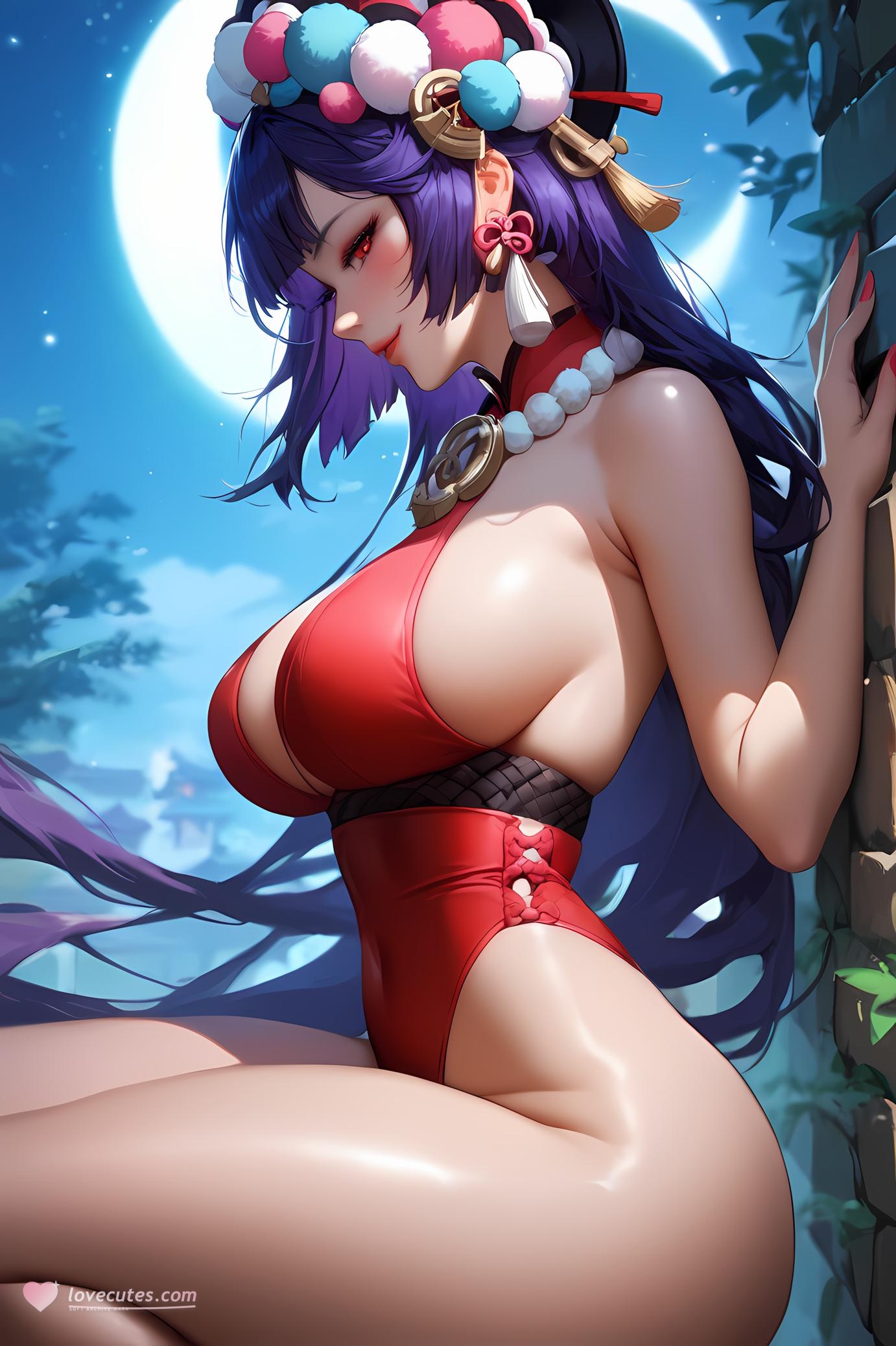 Cô Gái Anime Tạo Ra Bằng AI - 原神 云堇: Tóc Tím, Bikini Xanh, Lưỡi Thè, Ngực Khủng 38P