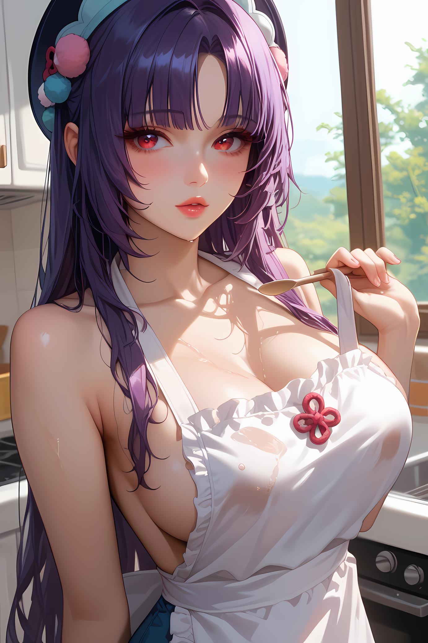 Cô Gái Anime Tạo Ra Bằng AI - 原神 云堇: Tóc Tím, Bikini Xanh, Lưỡi Thè, Ngực Khủng 38P