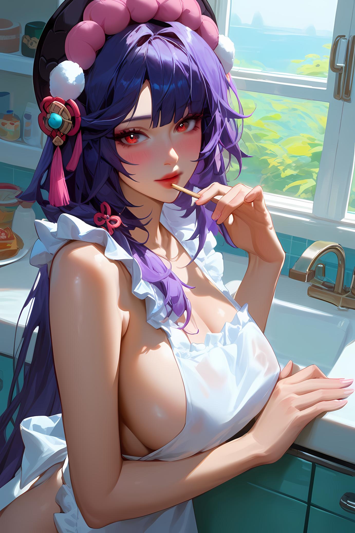 Cô Gái Anime Tạo Ra Bằng AI - 原神 云堇: Tóc Tím, Bikini Xanh, Lưỡi Thè, Ngực Khủng 38P