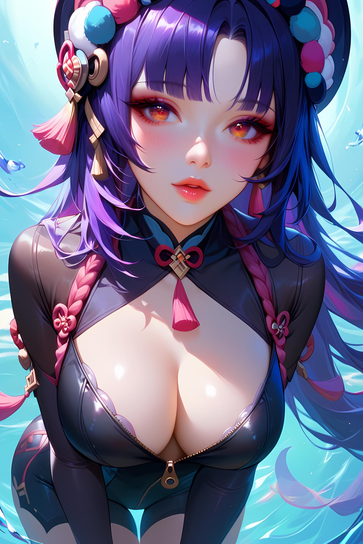 Cô Gái Anime Tạo Ra Bằng AI - 原神 云堇: Tóc Tím, Bikini Xanh, Lưỡi Thè, Ngực Khủng 38P
