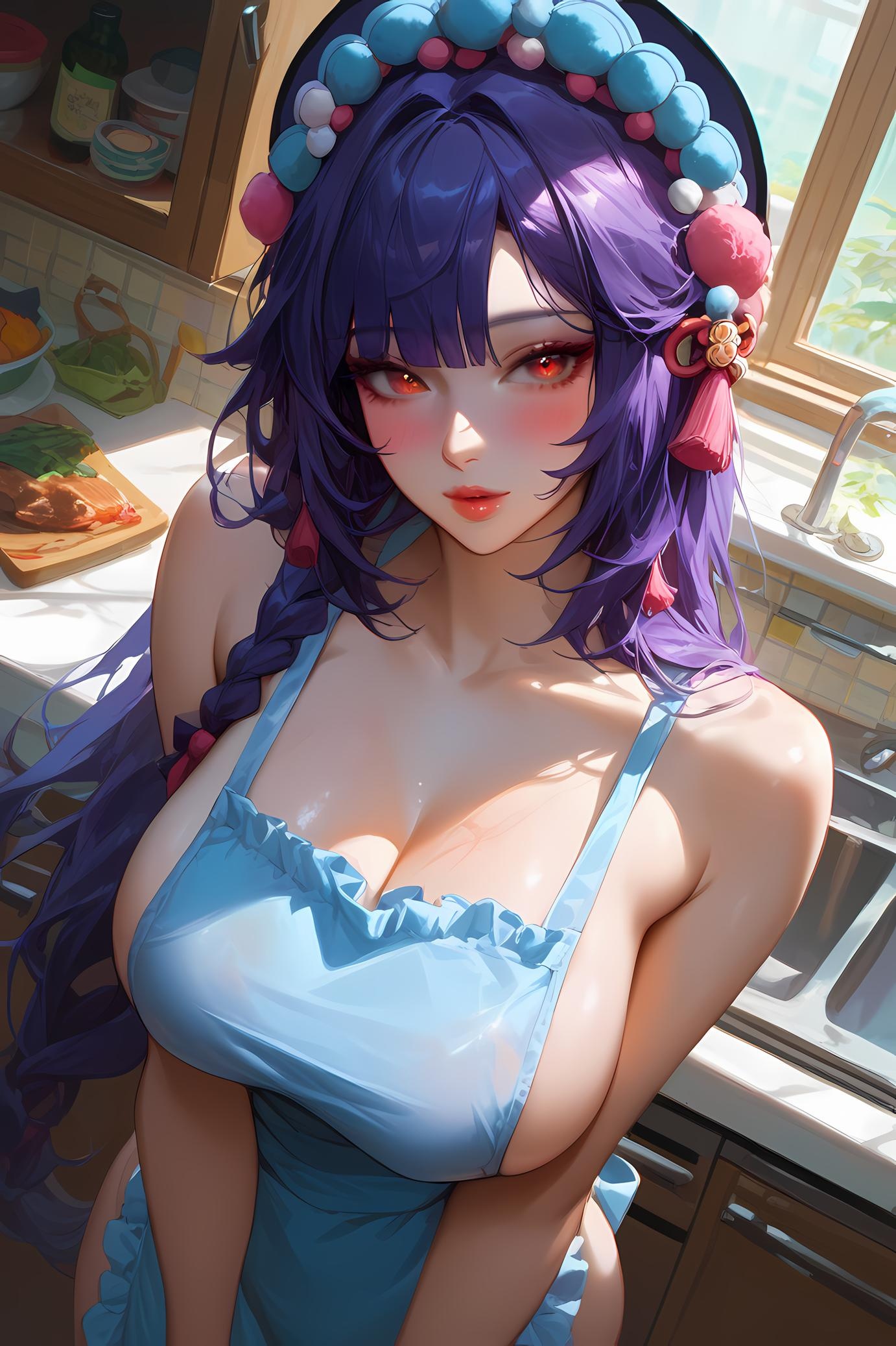 Cô Gái Anime Tạo Ra Bằng AI - 原神 云堇: Tóc Tím, Bikini Xanh, Lưỡi Thè, Ngực Khủng 38P