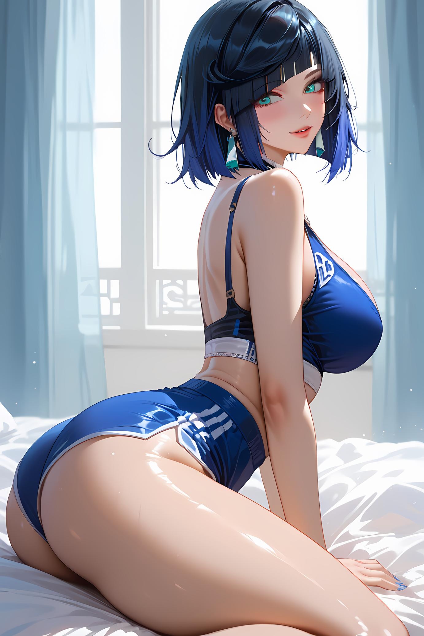 AI生成的動漫女孩 - 原神 夜蘭：黑藍泳裝爆乳海邊 43P