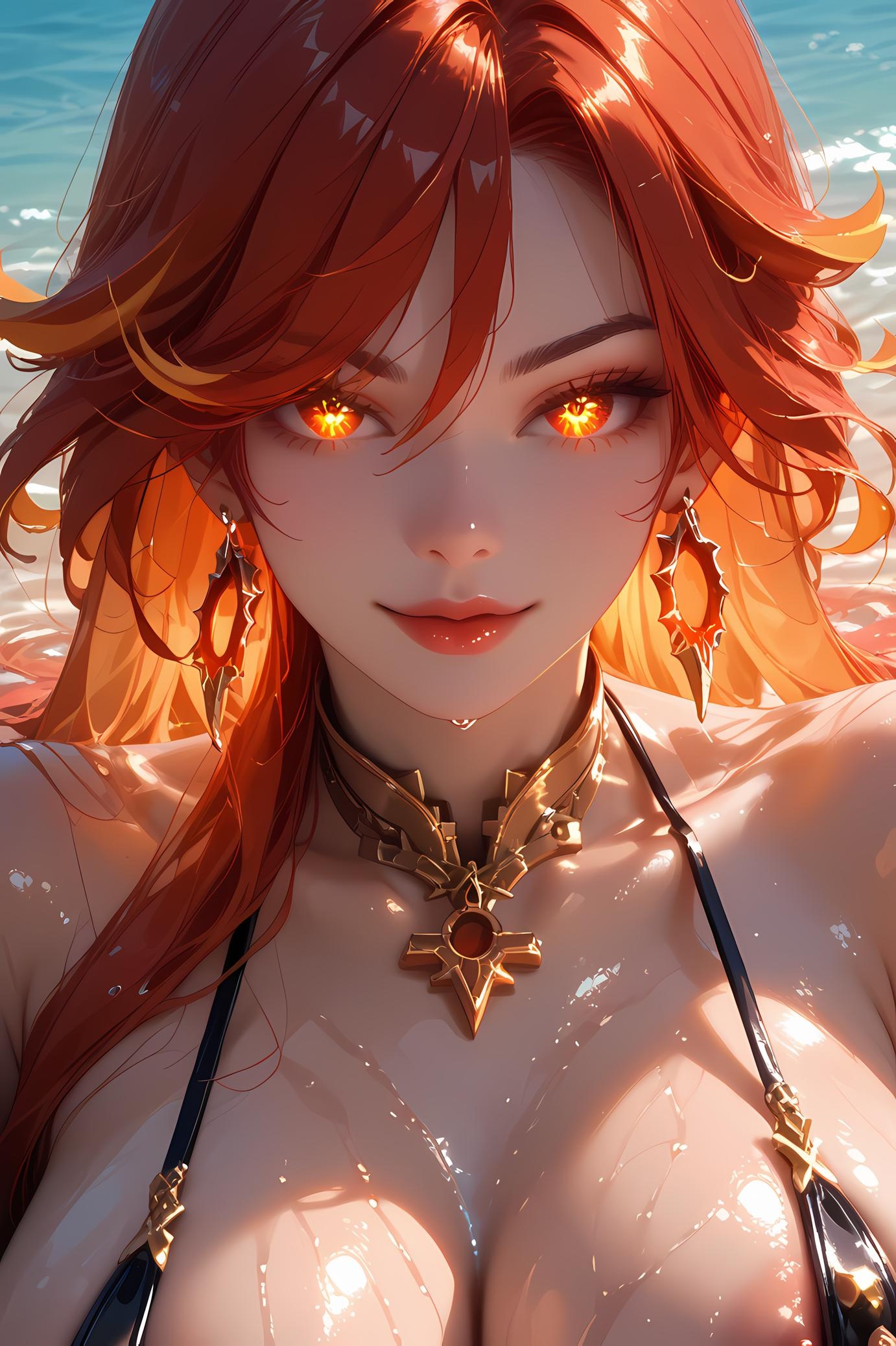 AI生成的動漫女孩 - 原神 玛薇卡：紅髮深V爆乳特寫 37P