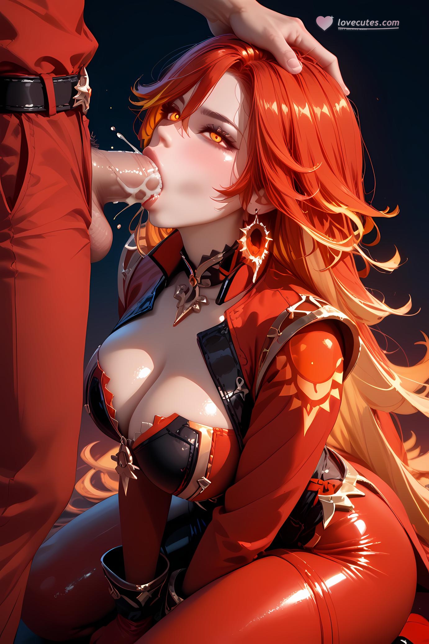 AI生成的動漫女孩 - 原神 玛薇卡：紅髮深V爆乳特寫 37P