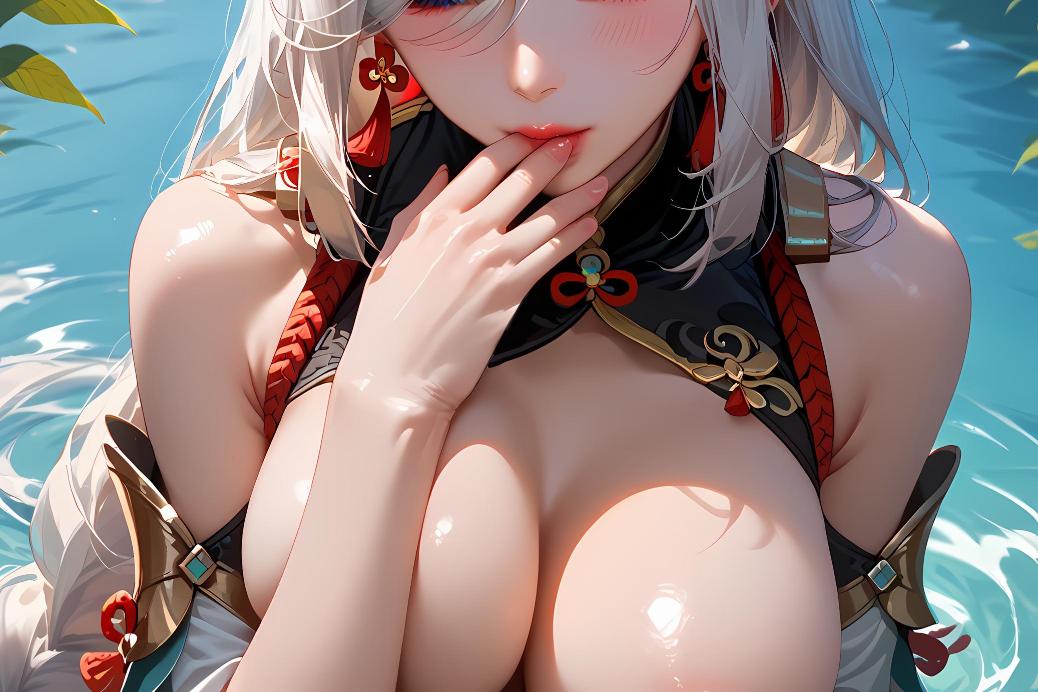 AI Generated Anime Girl - Genshin Impact Shenhe: White Hair, Black Stockings, Curvy View 22P