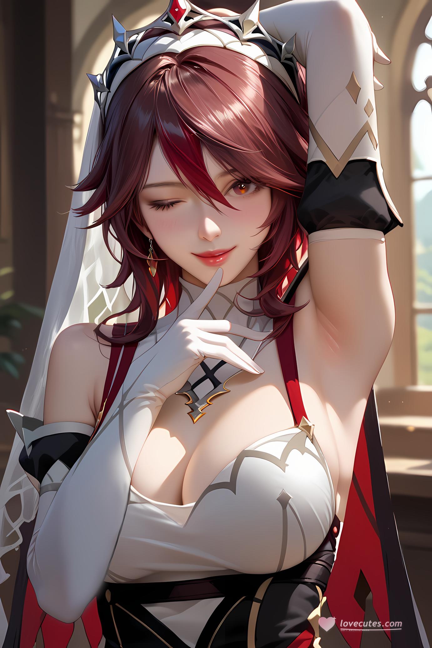 AI 生成的動漫女孩 - 原神 羅莎莉亞：酒紅長髮深 V 裙爆乳 28P
