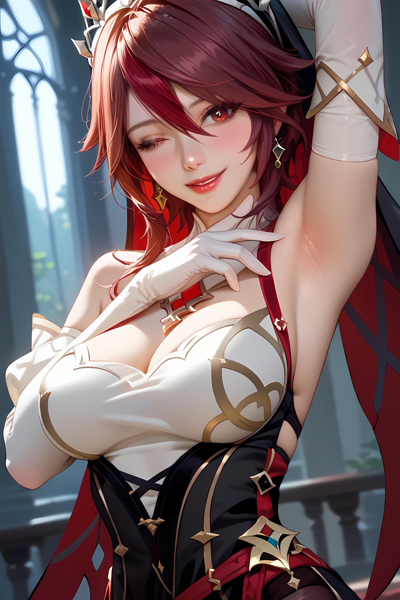 AI 生成的動漫女孩 - 原神 羅莎莉亞：酒紅長髮深 V 裙爆乳 28P