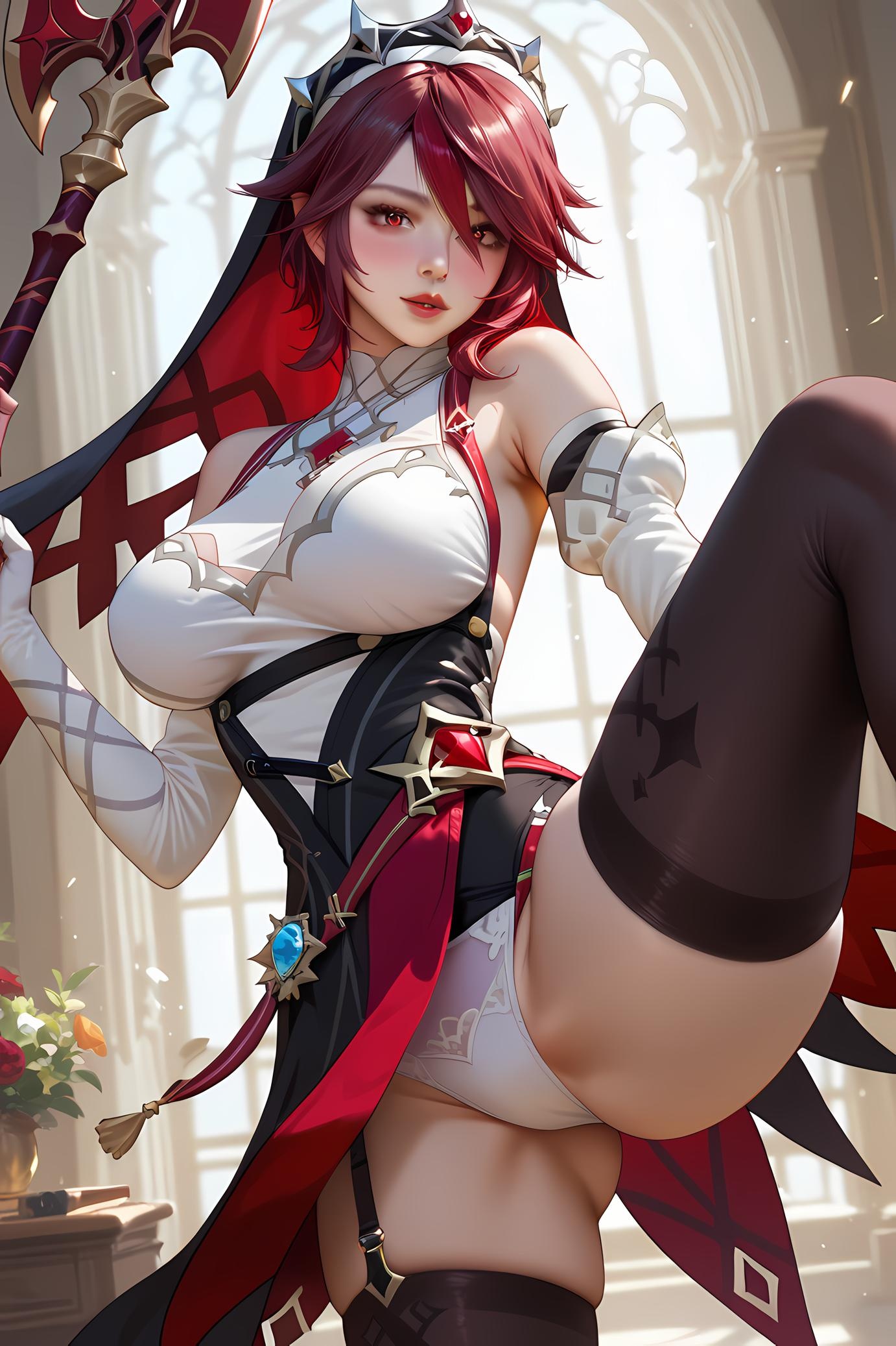 AI 生成的動漫女孩 - 原神 羅莎莉亞：酒紅長髮深 V 裙爆乳 28P