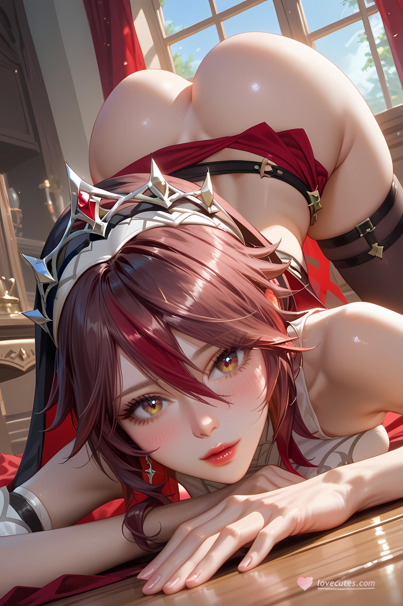 AI Generated Anime Girl - 原神 罗莎莉亚：酒红长发深V爆乳 28P