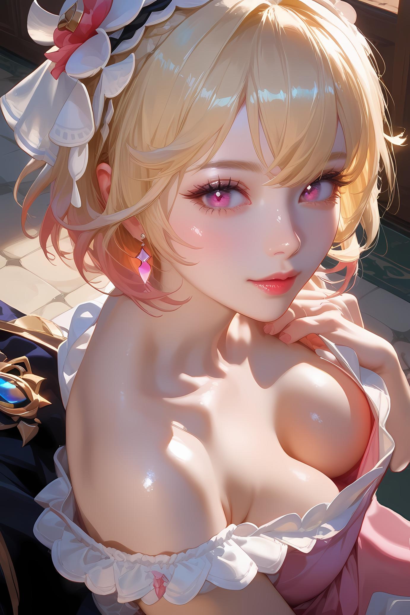 AI生成的動漫女孩 - 原神 艾梅莉埃：金髮花飾爆乳特寫 31P