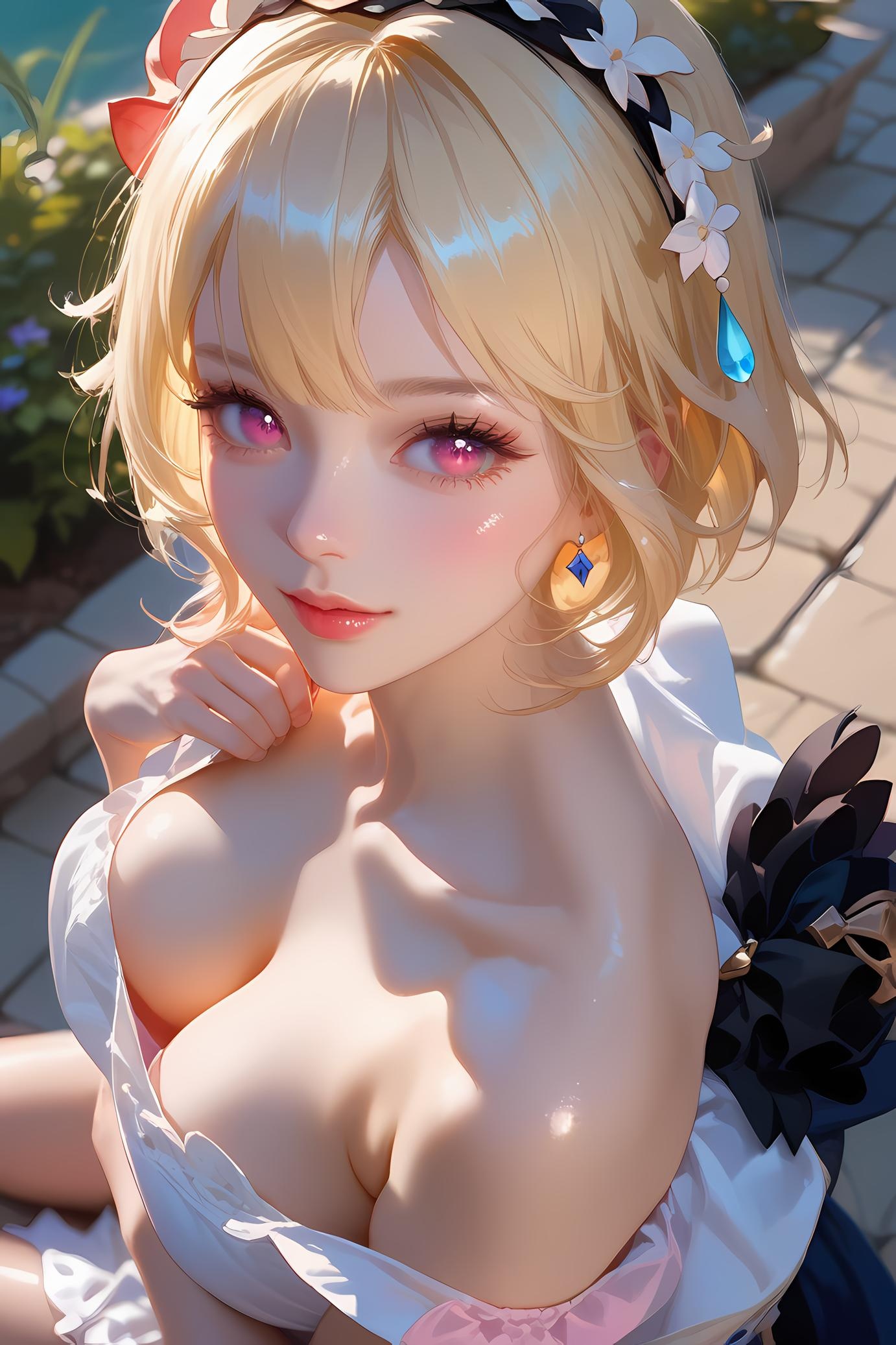 AI生成的動漫女孩 - 原神 艾梅莉埃：金髮花飾爆乳特寫 31P